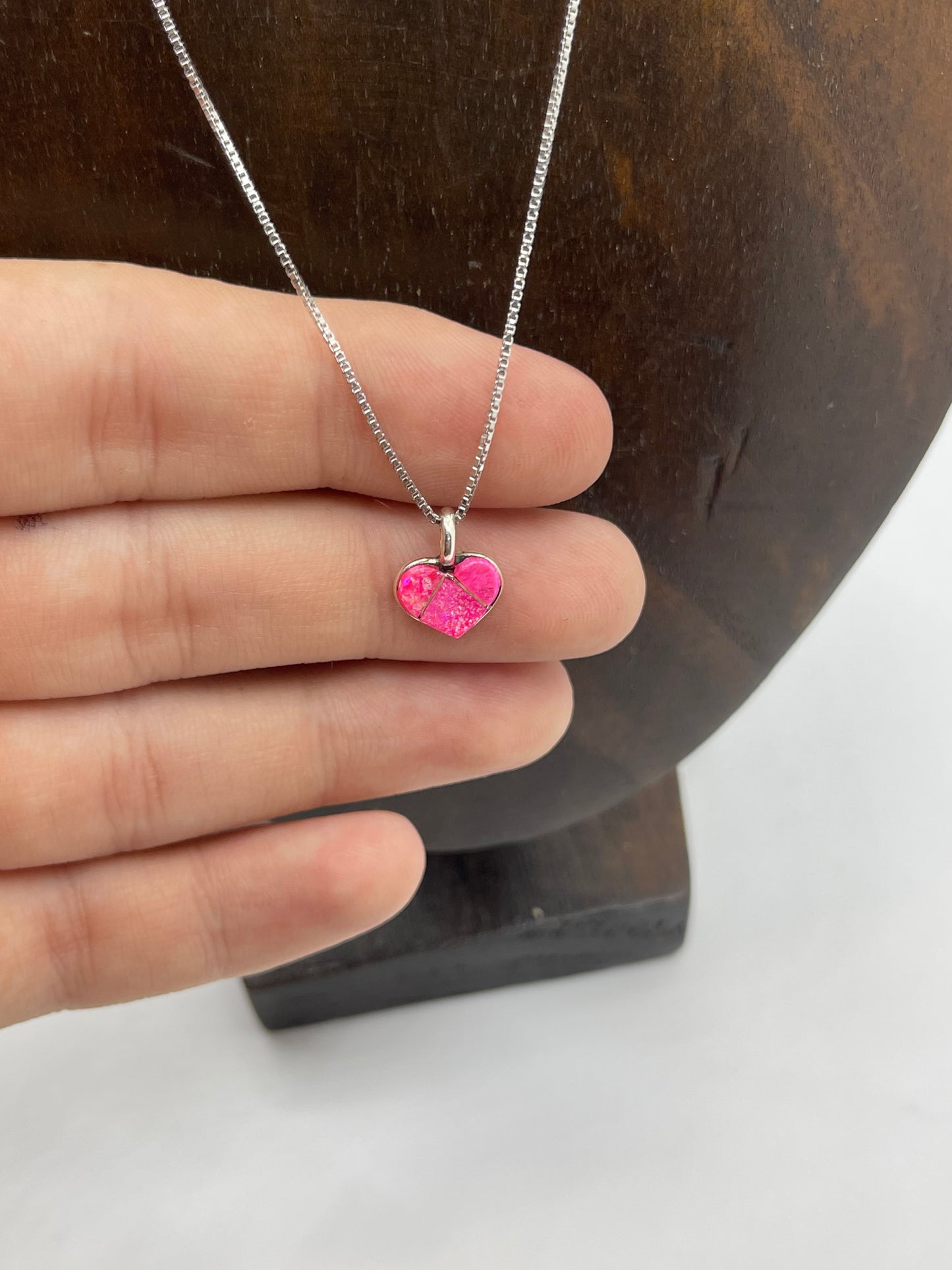18" Necklace with Hot Pink Inlay Opal Heart Pendant by Linda Chavez, Navajo