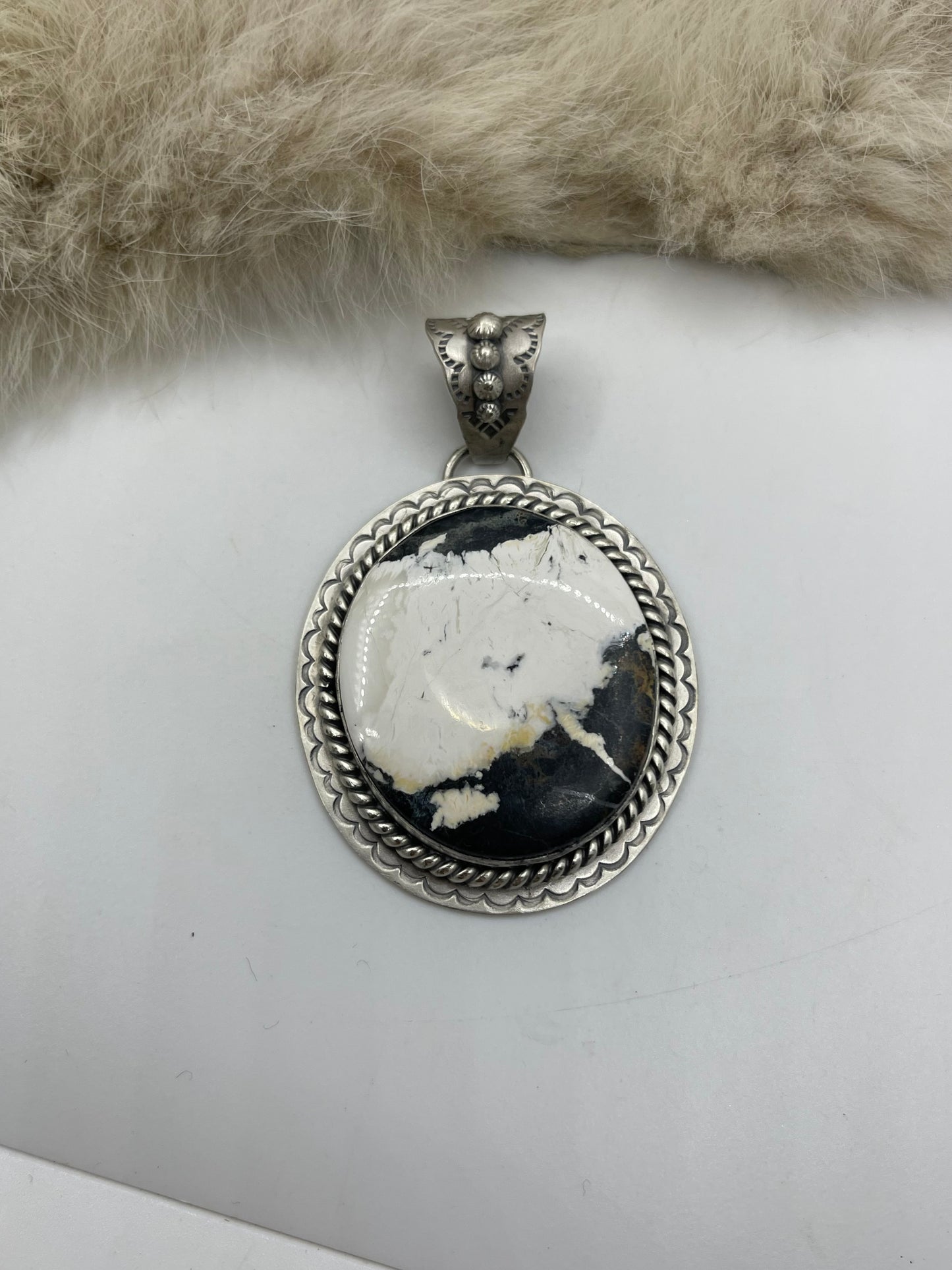 10mm Bale White Buffalo Pendant with Stamped "L" by Artist