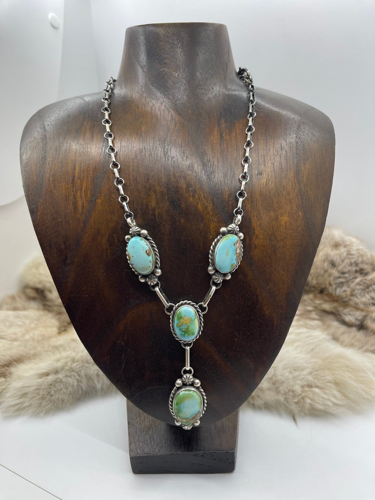 Sonoran Gold Turquoise 4 Stone Lariat 20”+3” Drop & Earring Set by Augustine Largo, Navajo