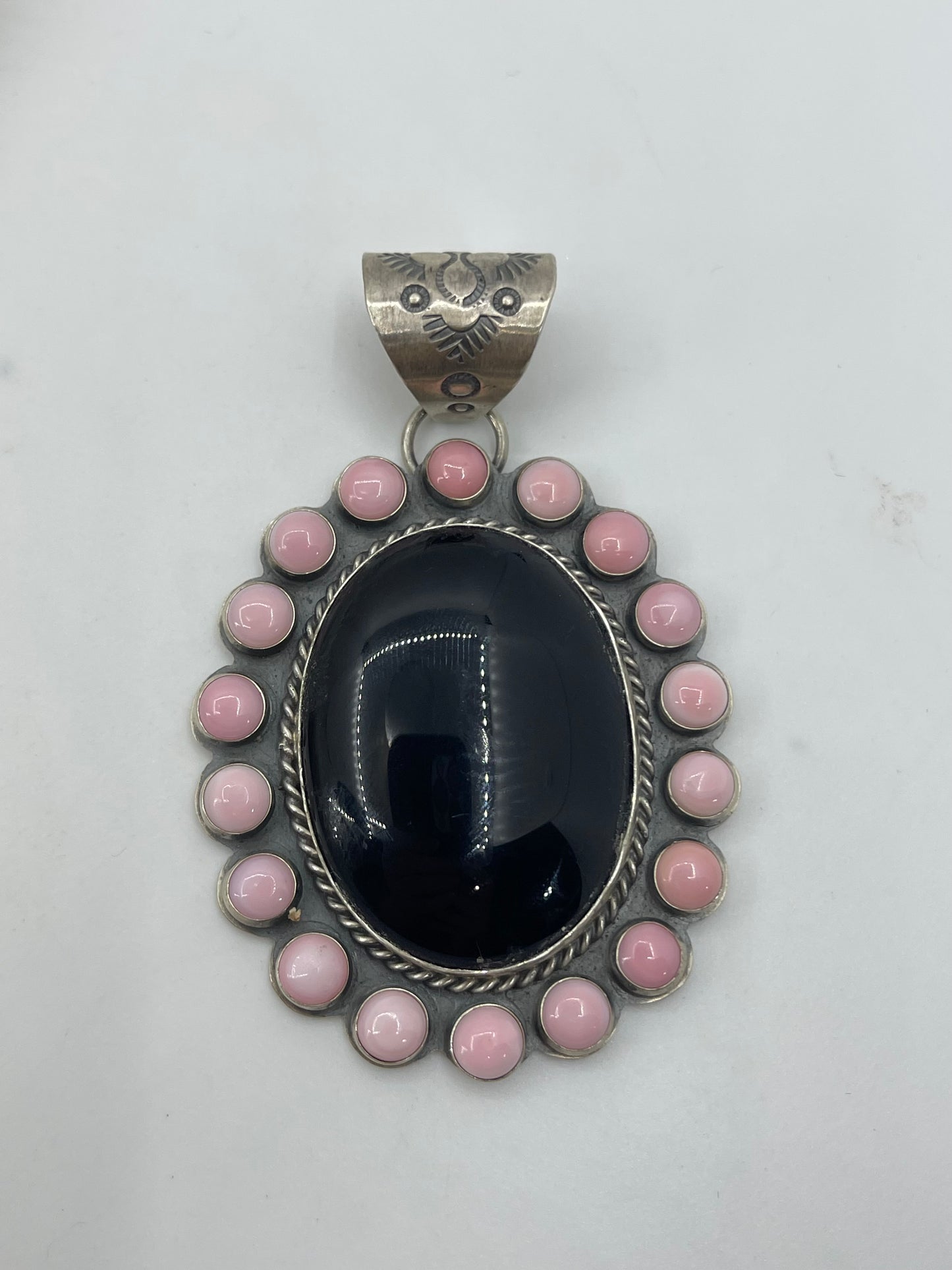 Black Onyx and Pink Conch Shell Cluster Pendant By Calvin Delgarito, Navajo