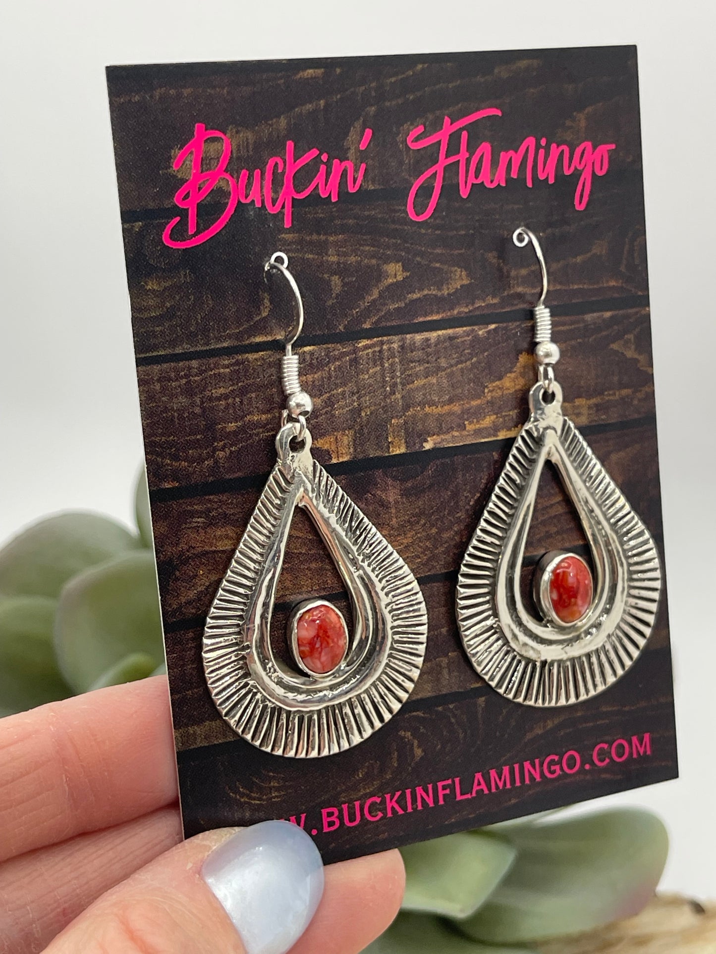 LOT 62 B 1/4 Stamped Teardrop Earrings with Red Spiny Oyster