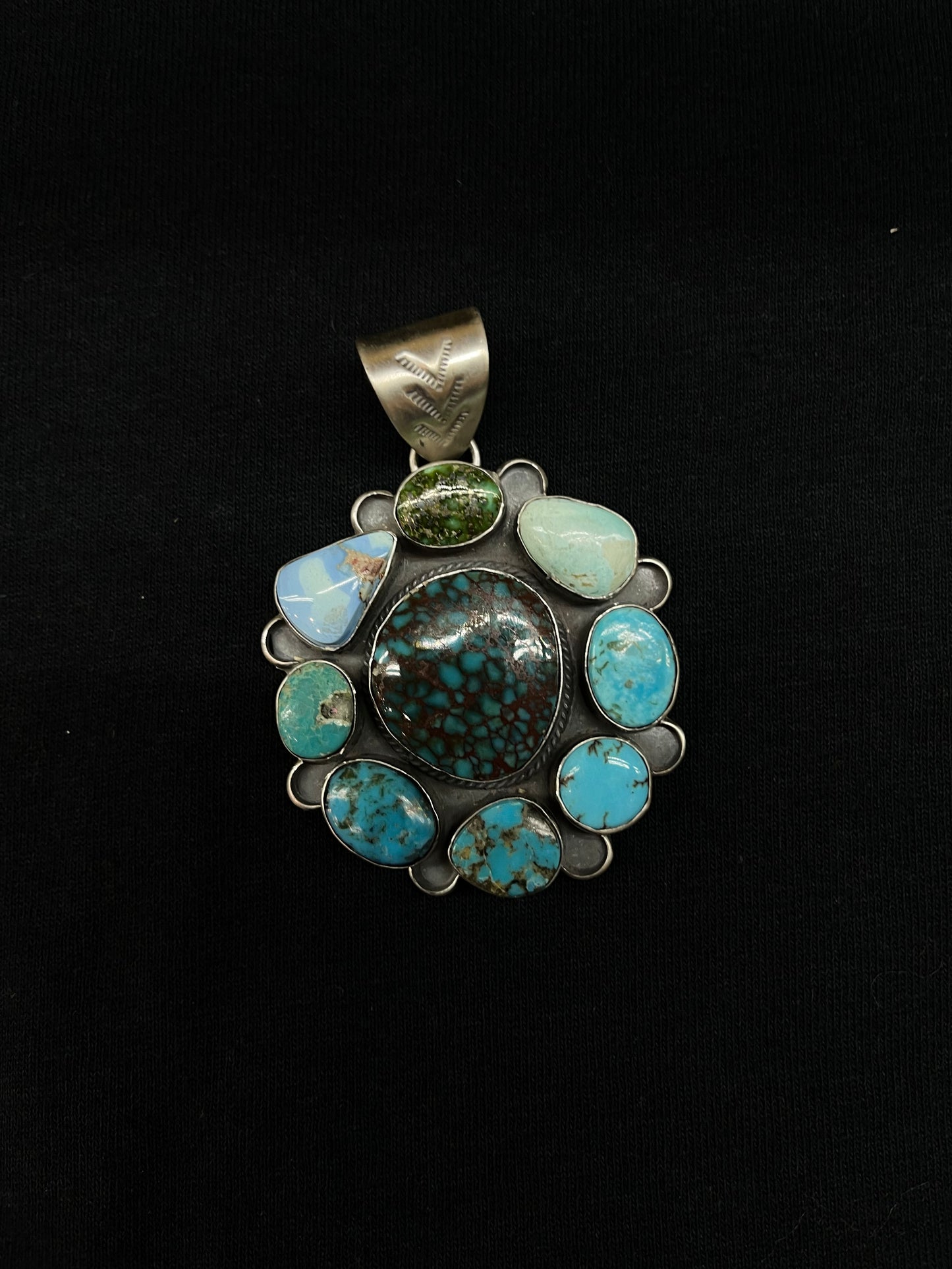 Variety Turquoise Cluster pendant with a 9mm Bale by Terrell Nez, Navajo