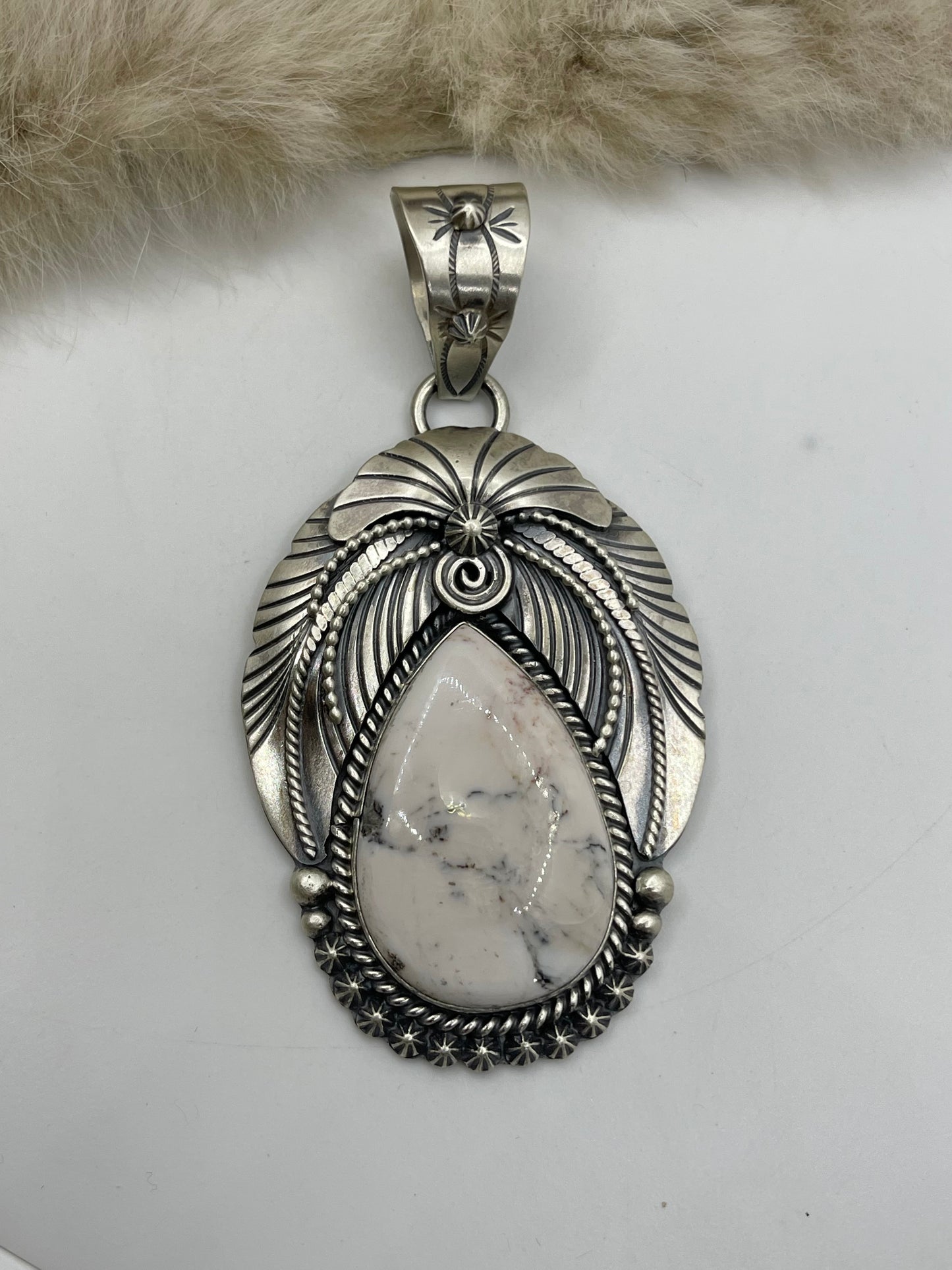 6mm Bail White Buffalo Pendant with Amazing Silver Detail by Gabby Jurado, Mexican