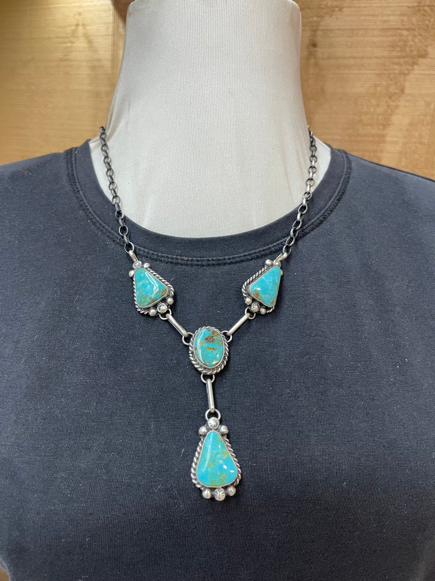 Kingman Turquoise Lariat Style Necklace with Triangle Dangle Earrings by Augustine Largo, Navajo