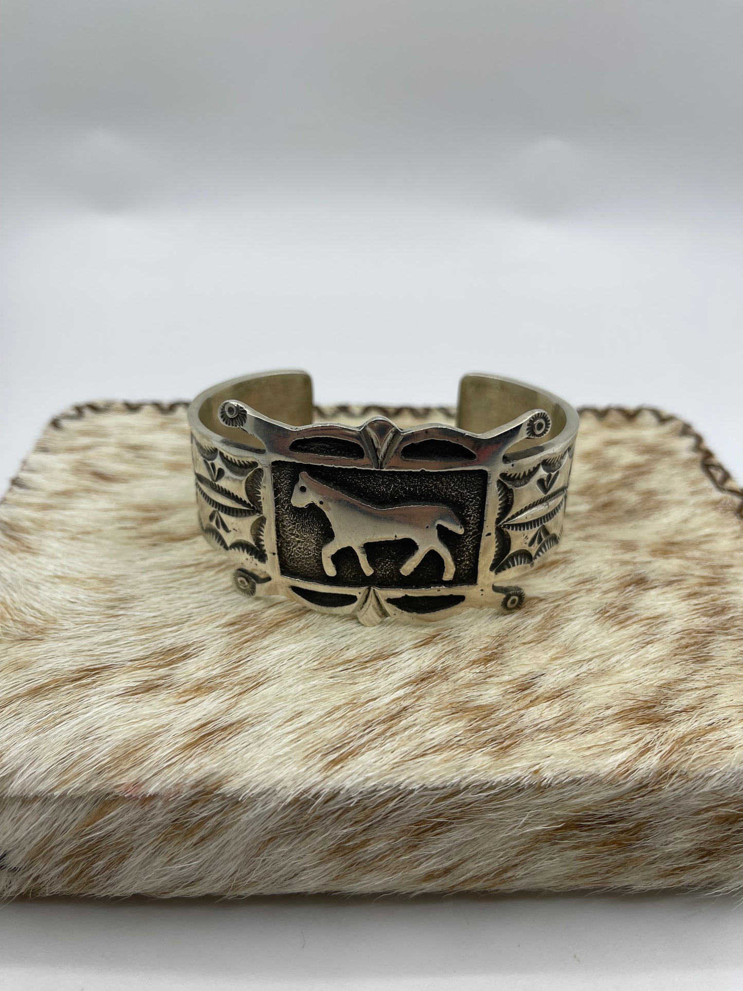 7" Heavy Silver Overlay Horse Cuff by Emerson Kinsel, Navajo