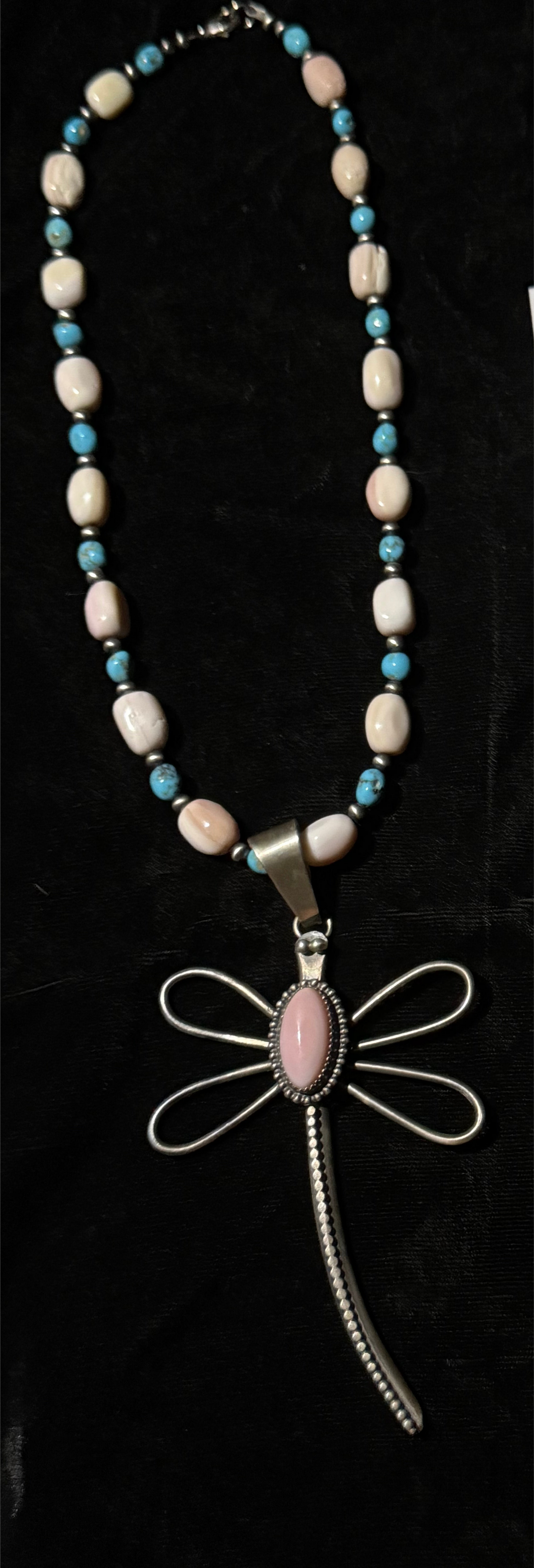 18" Pink Conch Shell & Sleeping Beauty Turquoise Necklace with Dragonfly Pendant by Delbert Secatero, Navajo
