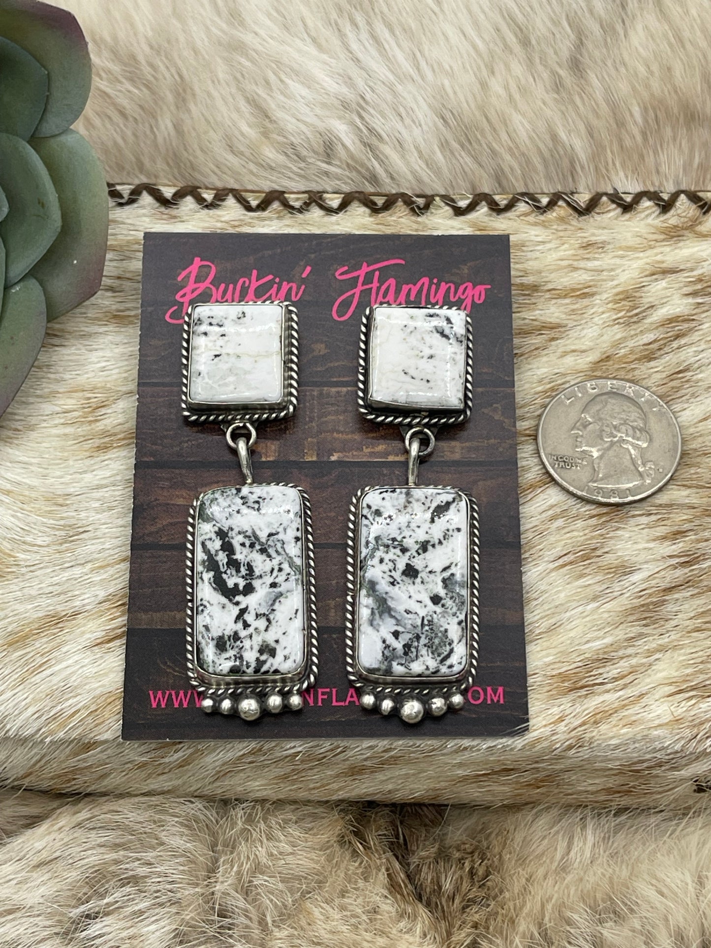 2 Stone White Buffalo Drop Dangle Post Earrings by Judith Dixon, Navajo