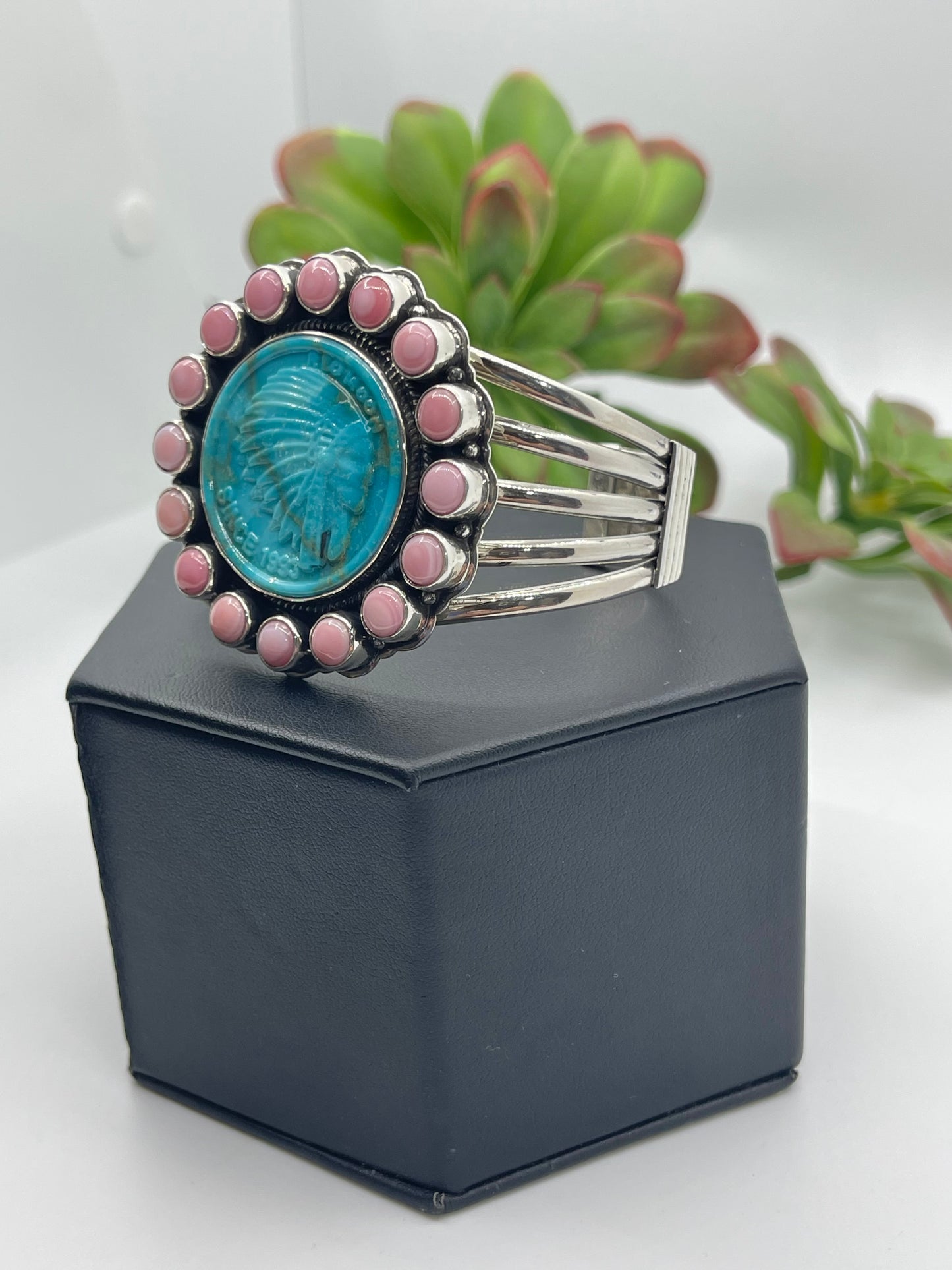 6.5"-8" Block Turquoise With Chief & Pink Conch Shell Cuff