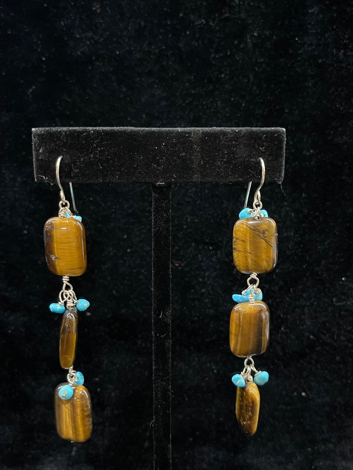 3 Stone Tigers Eye and Turquoise Dangle Earrings