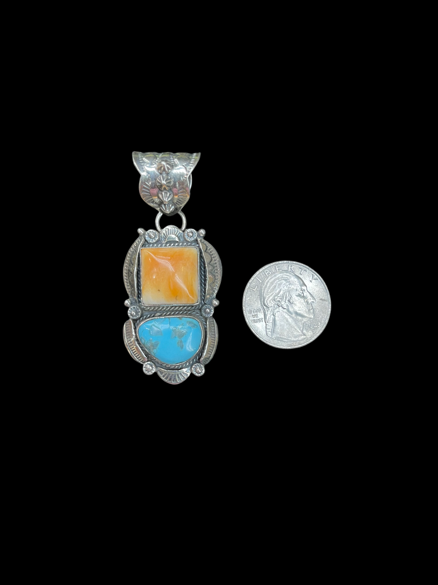 2 Stone Orange Spiny Oyster Shell and Turquoise Pendant