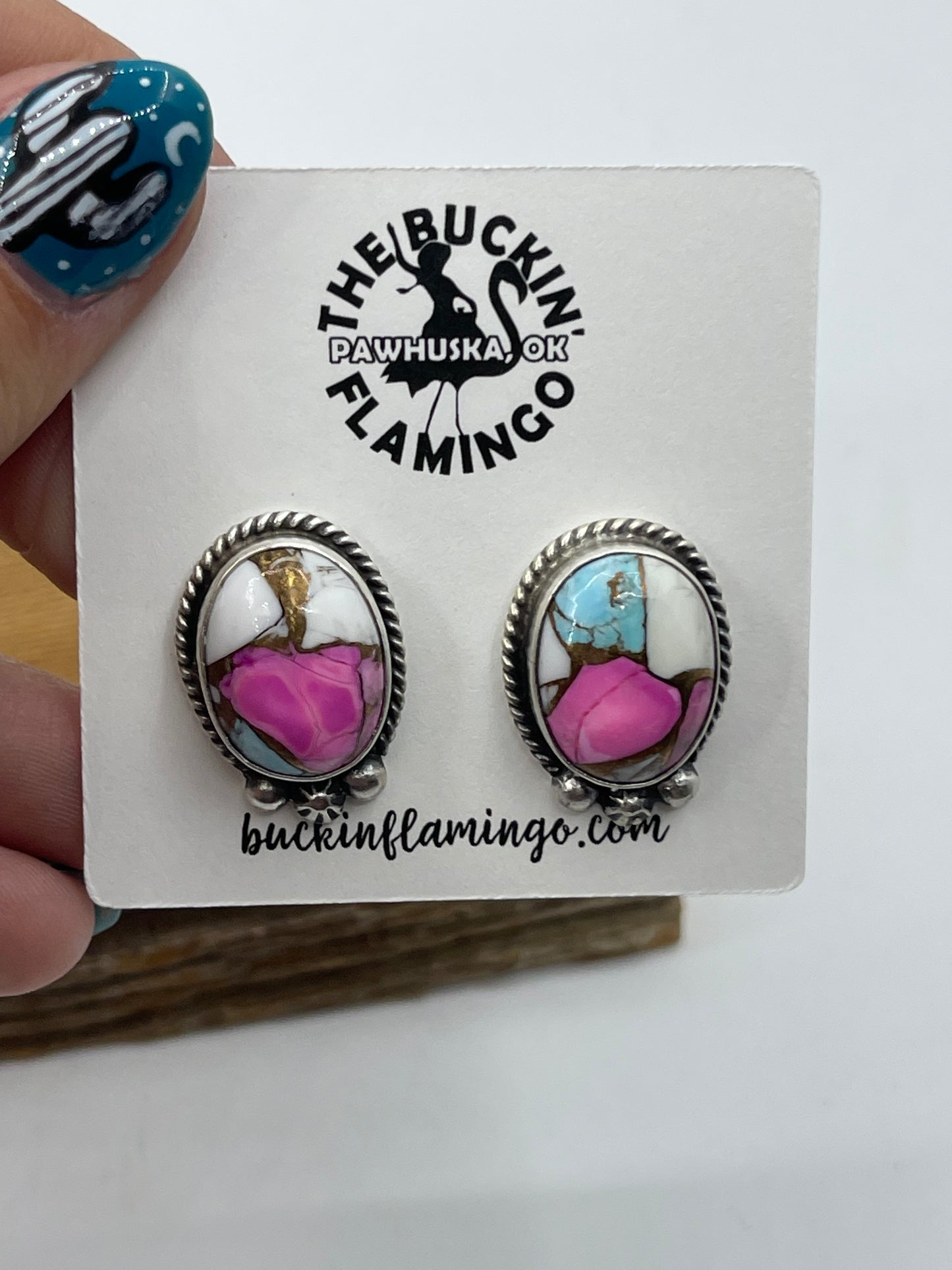 LOT 56 1/25    Cotton Candy Post Oval Earrings by Eugene Belone, Navajo