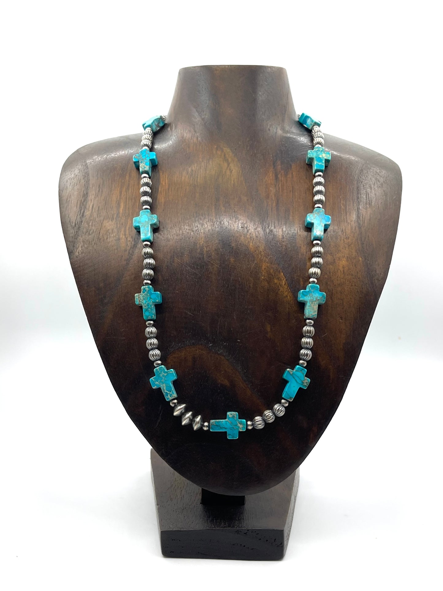 24" Silver Bead & Navajo Style Pearls with Turquoise Crosses