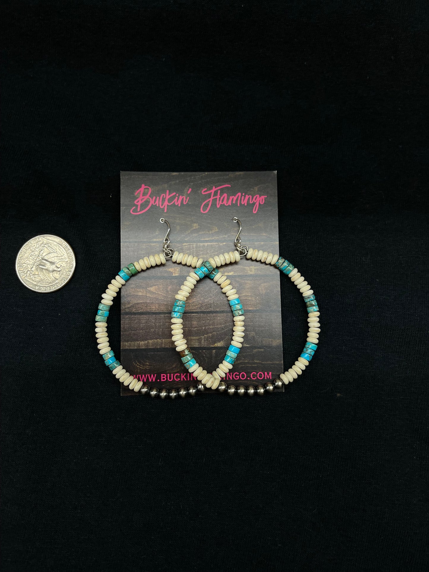 Turquoise, Melon Shell, and 4mm Navajo Pearl Dangle Hoop Earrings