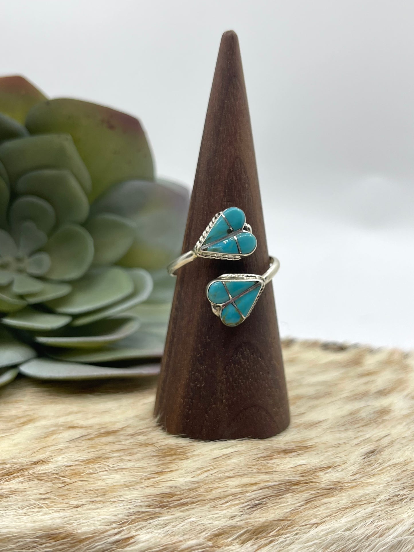 Adjustable Inlay Turquoise Double Heart Ring by Velda Nastacio, Zuni