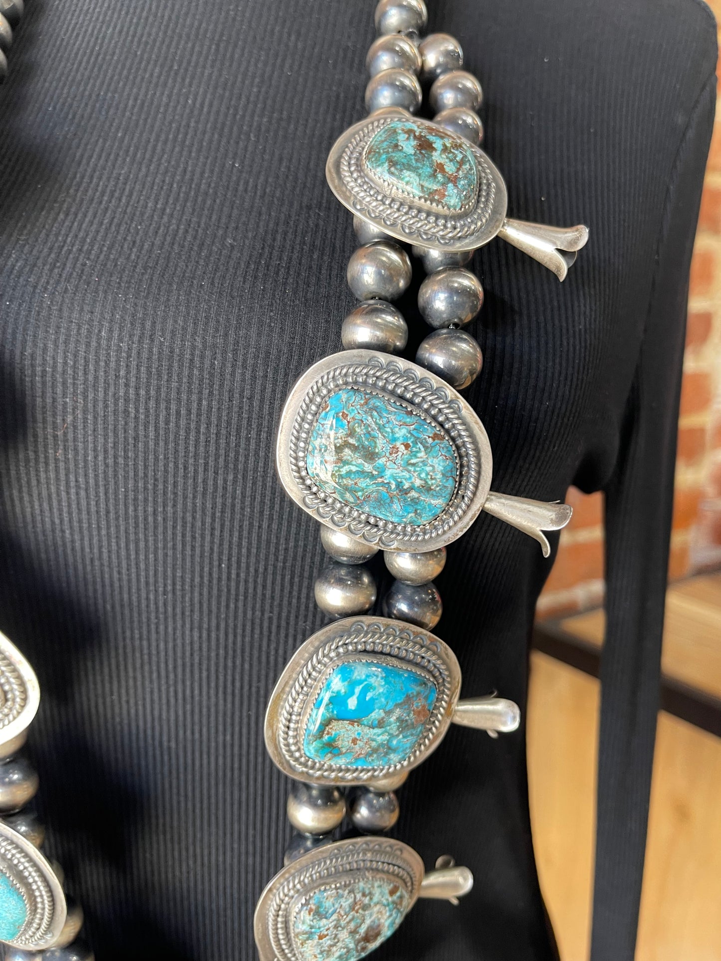 46” Lone Mountain Turquoise Squash Blossom by Delbert Secatero, Navajo