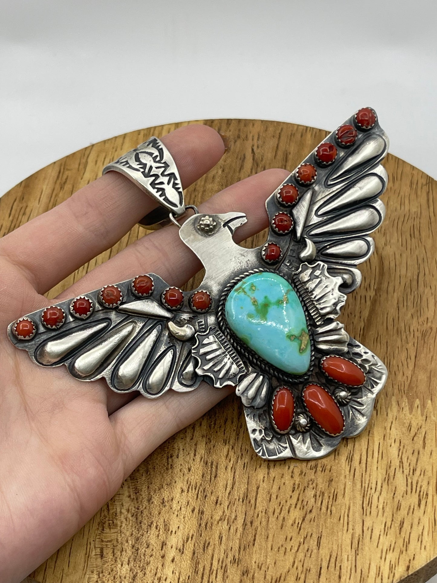 Red Coral and Sonoran Gold Turquoise Thunderbird Pendant with a 16mm Bale by Richard Yazzie, Navajo
