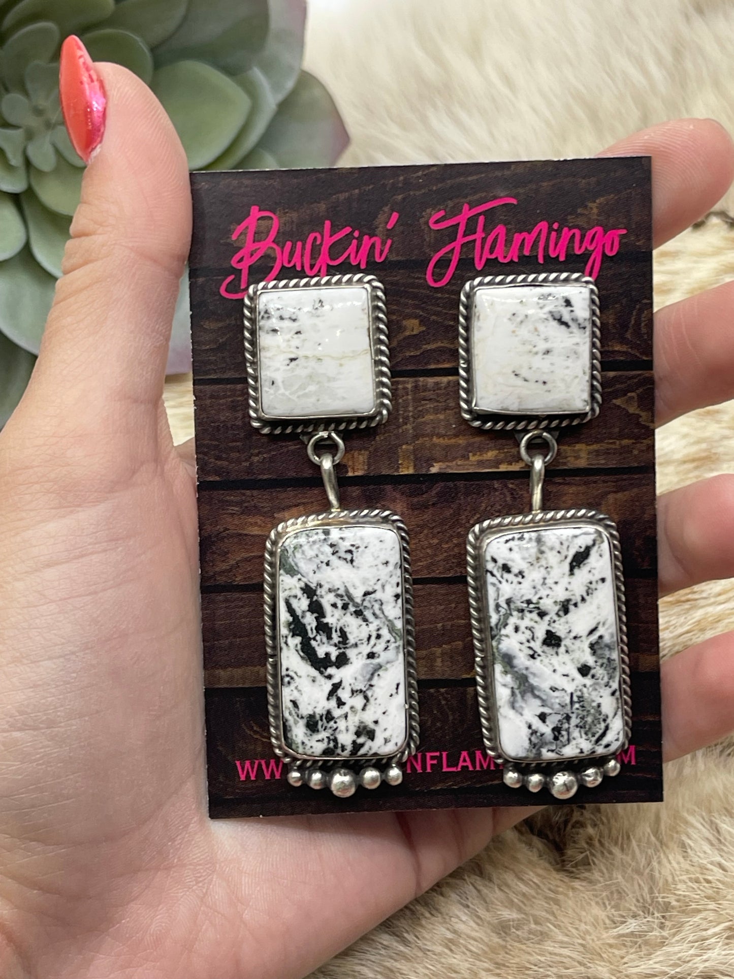 2 Stone White Buffalo Drop Dangle Post Earrings by Judith Dixon, Navajo