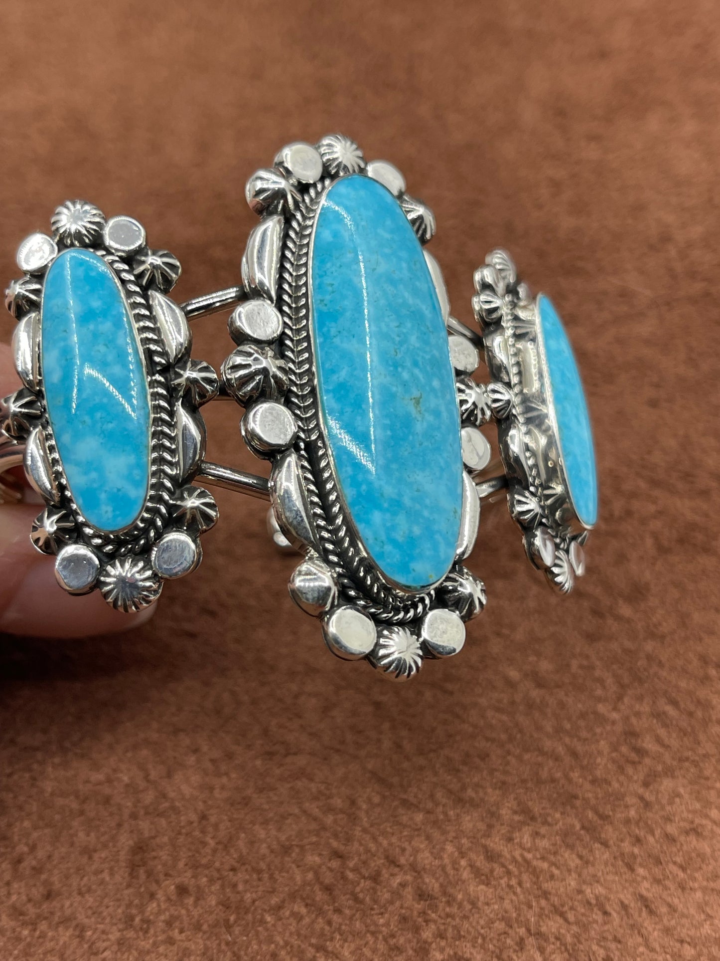 5 3/4"-6 3/4" 3 Stone Turquoise Oval Cuff by David Lopez, Navajo