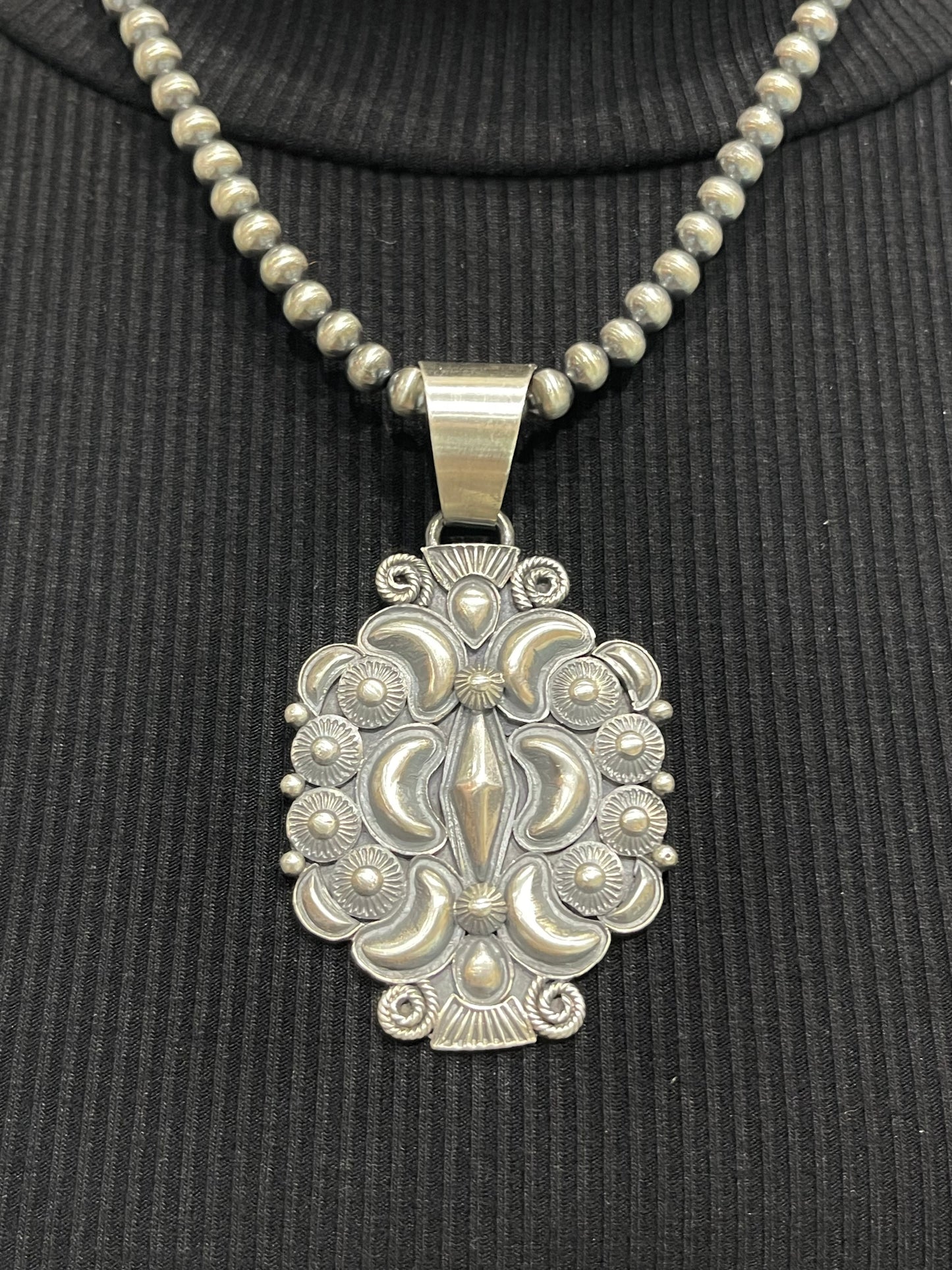 18" 5mm Navajo Style Pearls Silver Concho Pendant by Derrick Gordon, Navajo