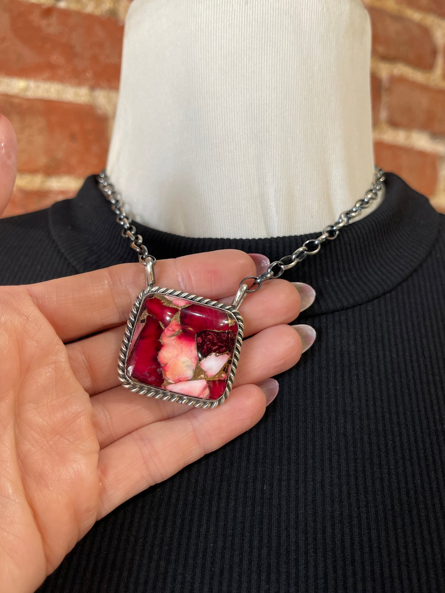 16" Dahlia Rose Square Necklace by Augustine Largo, Navajo
