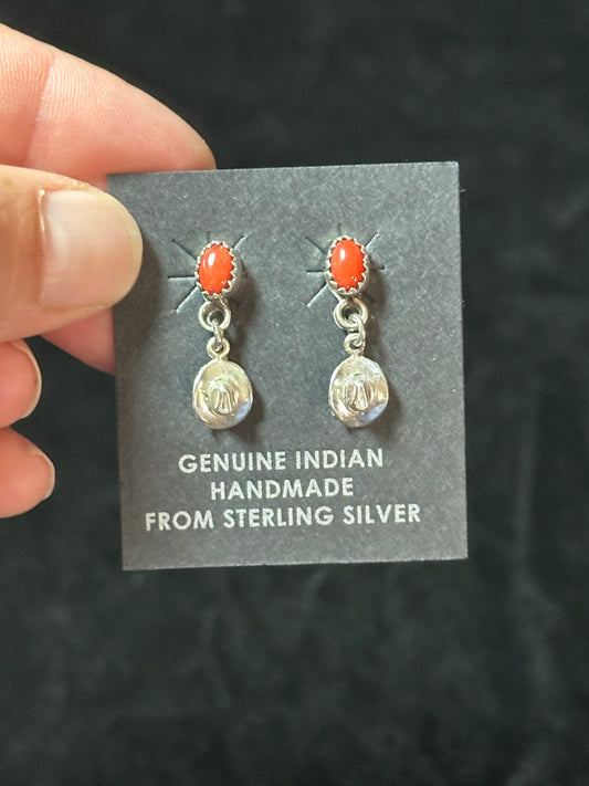 Red Coral and Sterling Silver Cowboy Hat Post Dangles by Sharon McCarthy, Navajo
