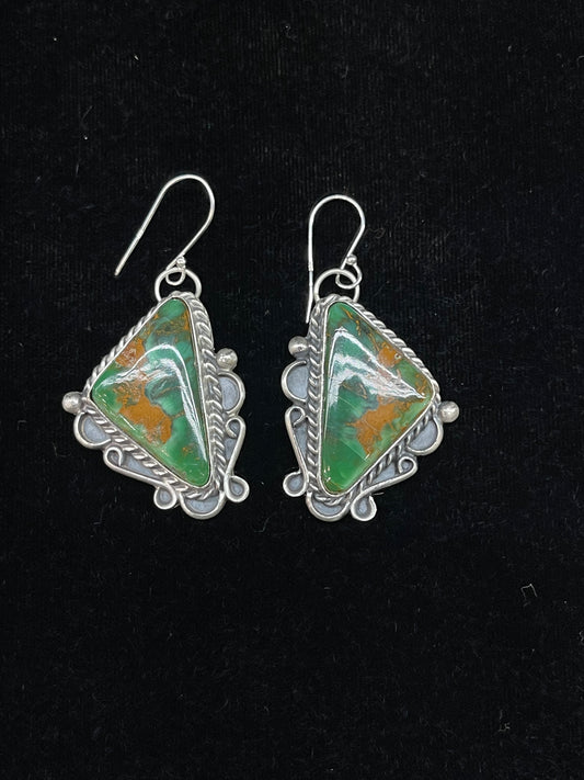 Mantis Turquoise Triangle Dangle Earrings by Terrell Nez, Sr. Navajo