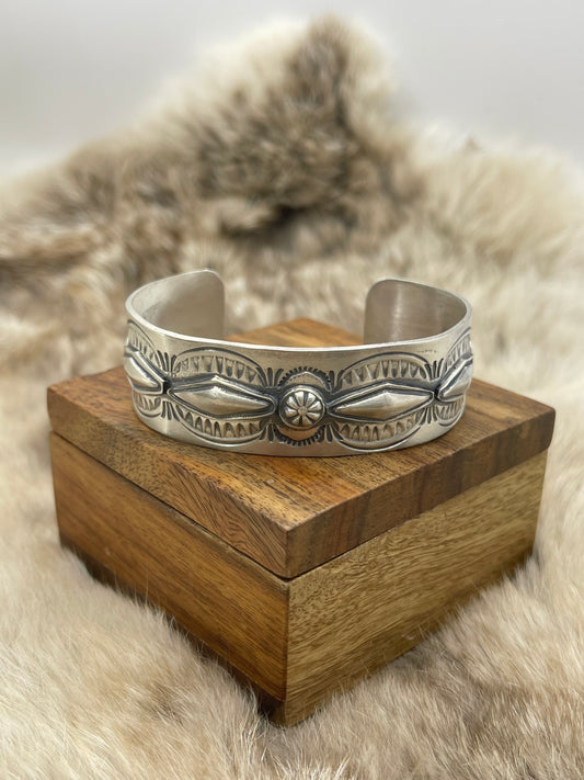 3/4" Wide All Silver Band with Designs by Boyd J. Ashley, Navajo