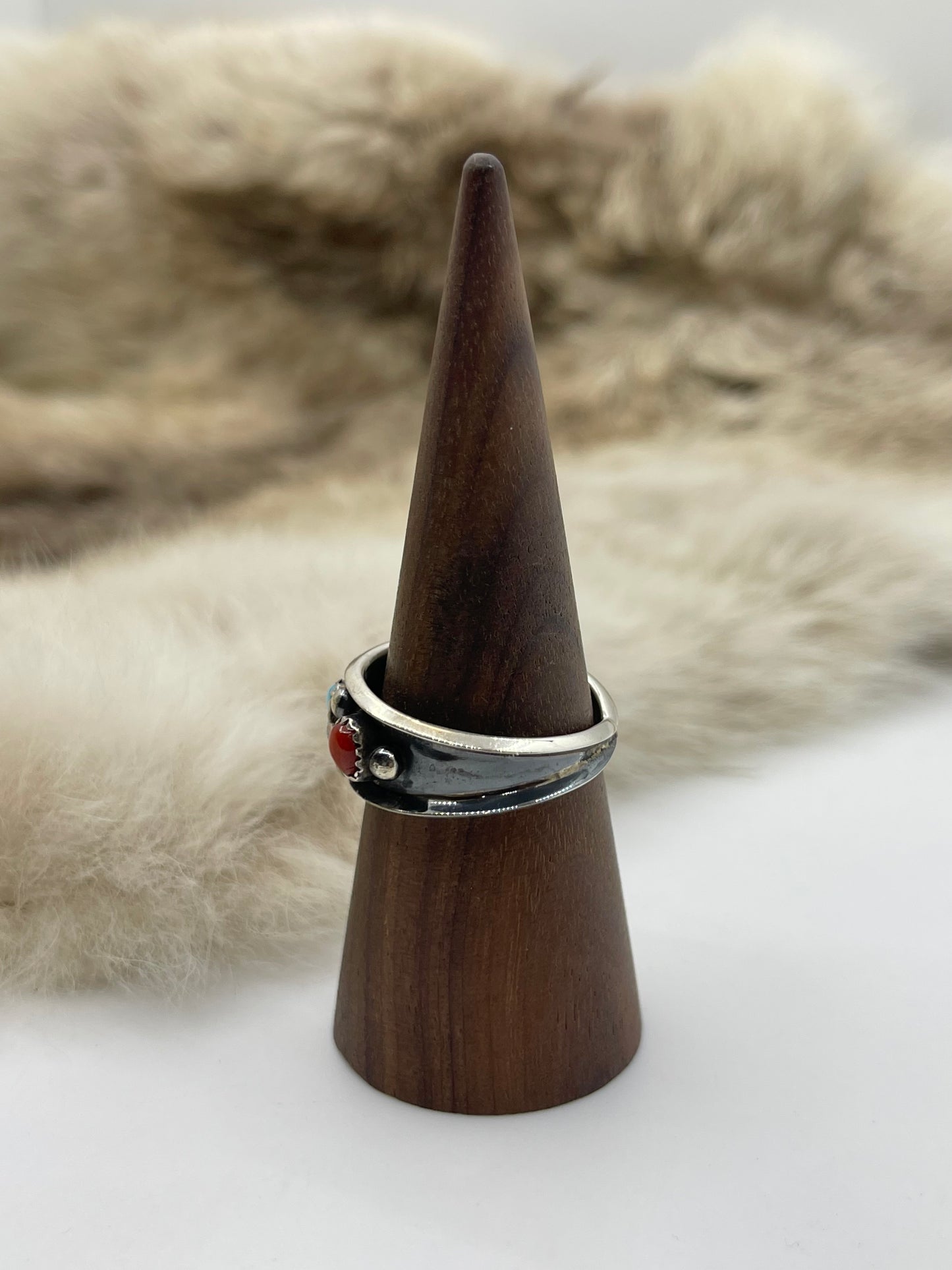 11.0 Red Coral & Blue Turquoise Ring, Navajo Made