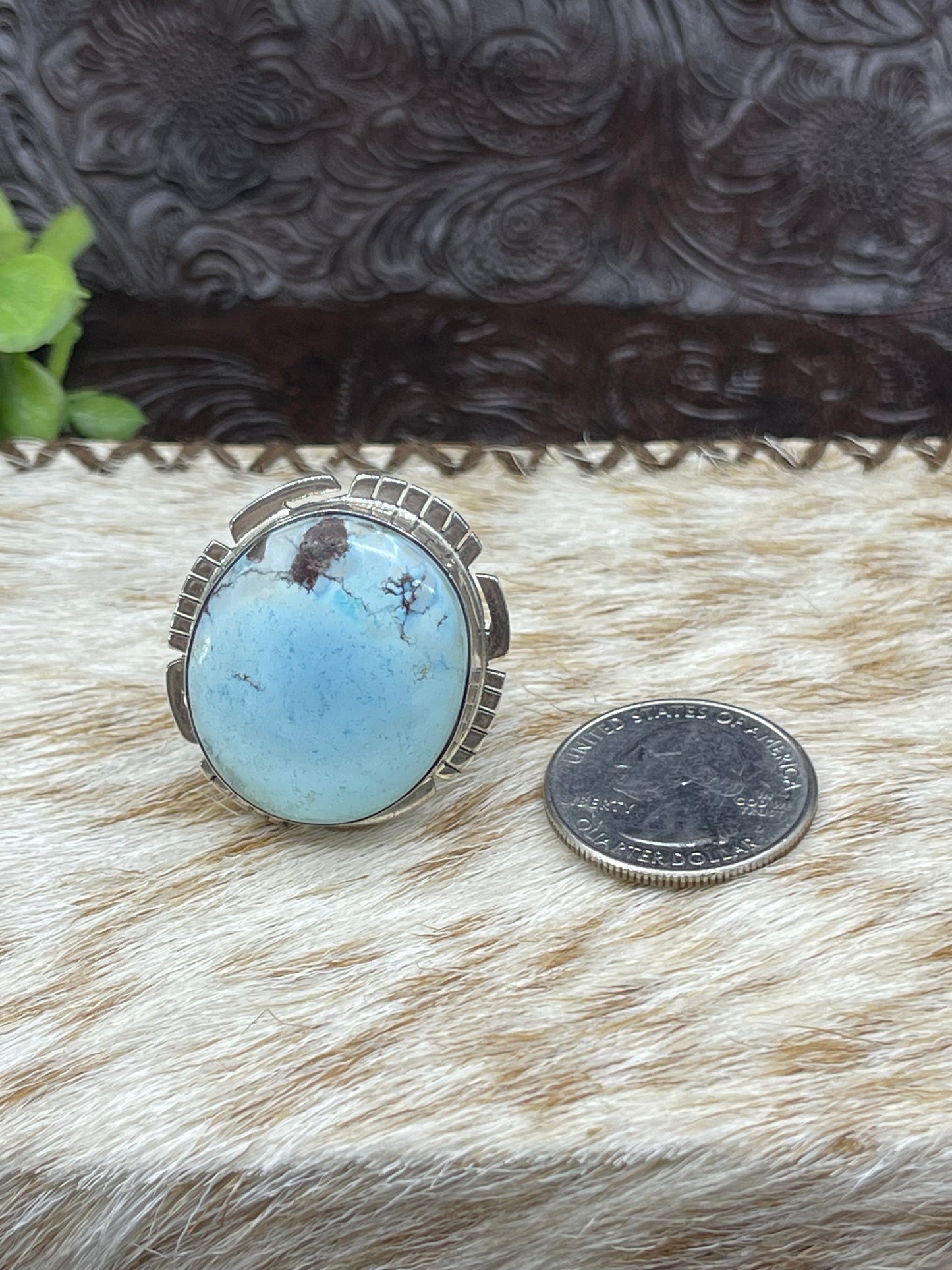 9.5 Golden Hill Turquoise Round Ring by Steven Nez, Navajo
