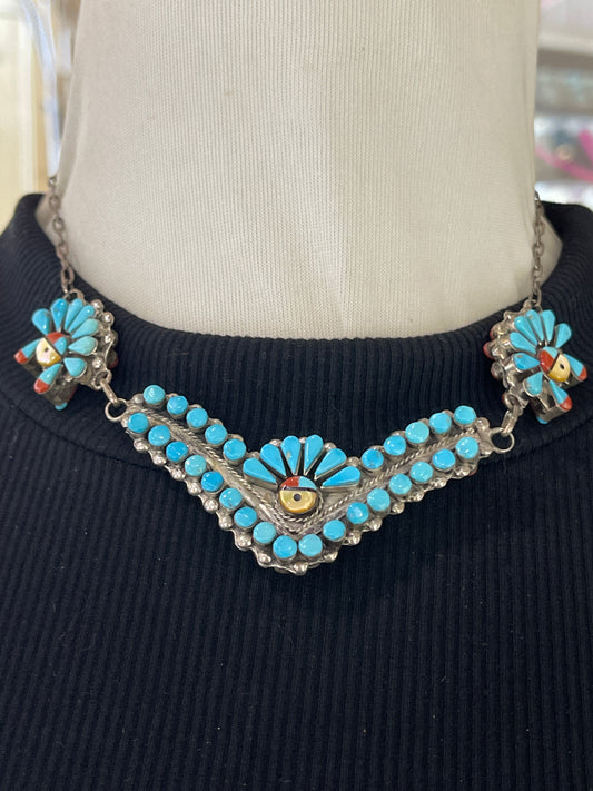 Red Coral and Turquoise Vintage Zuni Reversible Necklace