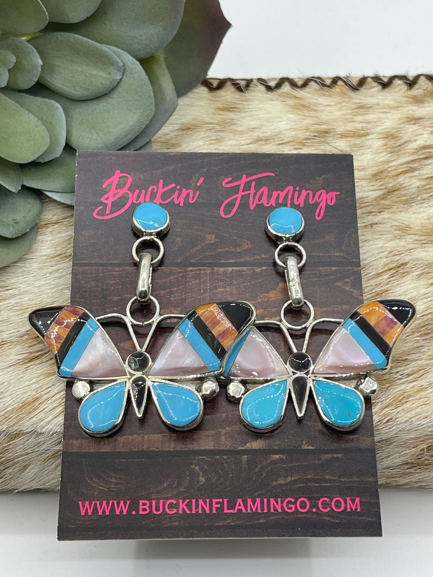 Mother of Pearl, Turquoise, Spiny Oyster, and Black Onyx Butterfly Post Dangle Earrings by Angus Ahiyite, Zuni