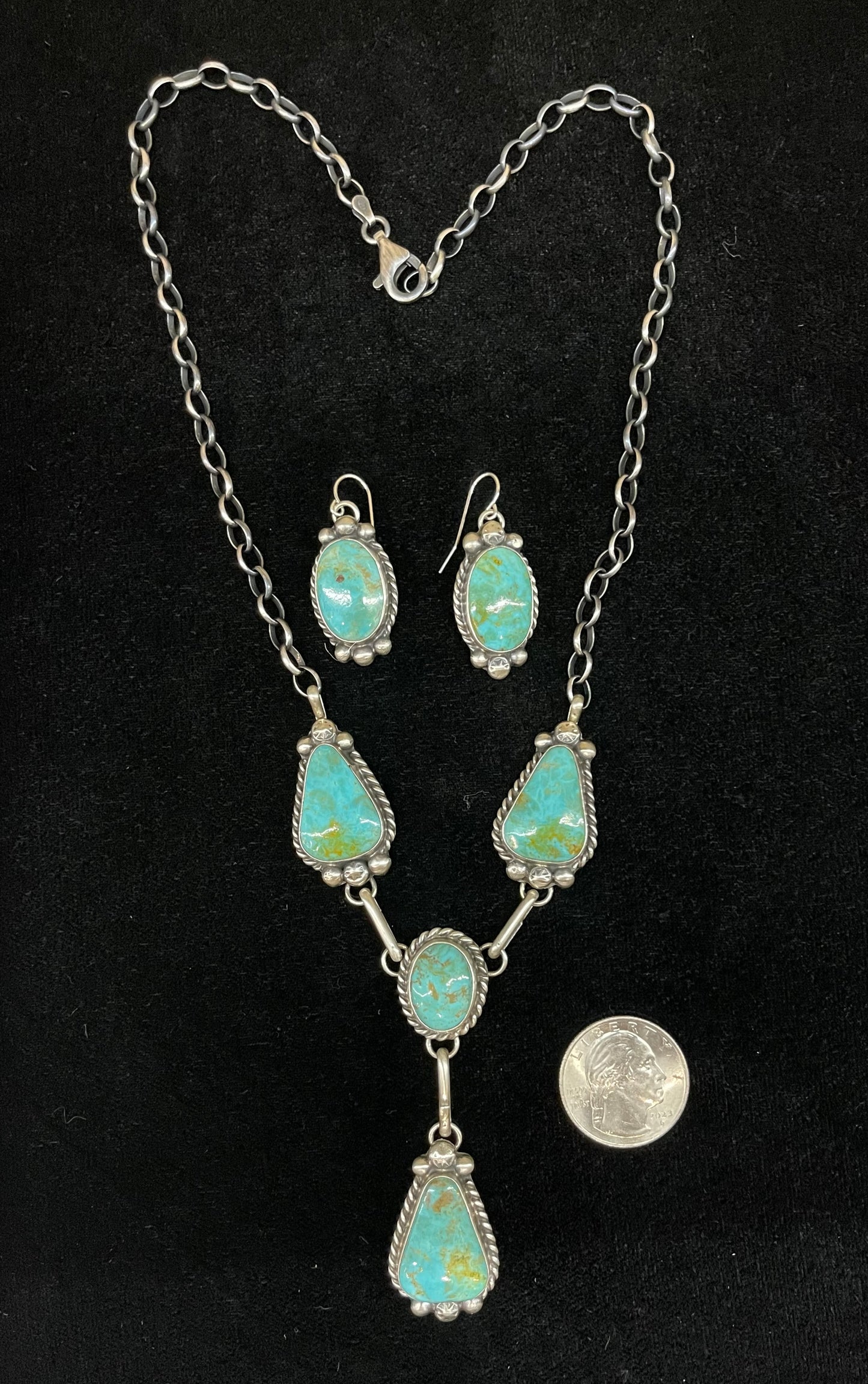 Kingman Turquoise Lariat Style Necklace with Oval Dangle Earrings by Augustine Largo, Navajo