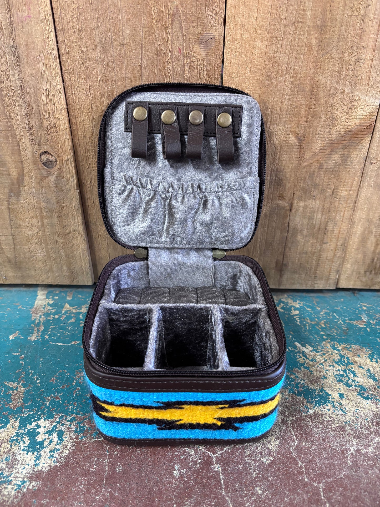 Small Square Brown Cowhide Blue Knitted Jewelry Box
