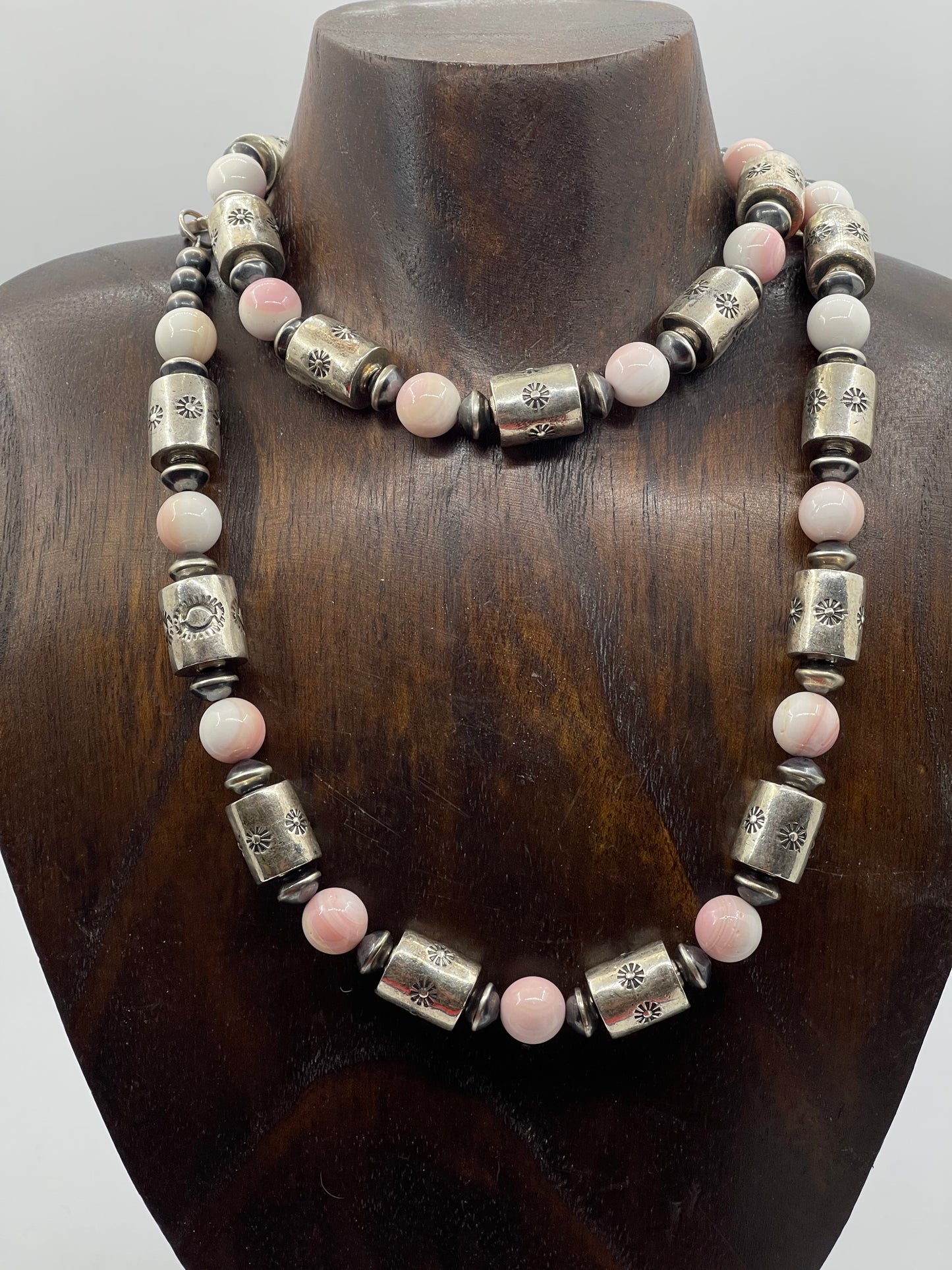 30" Pink Conch Shell and Stamped Barrel Beads