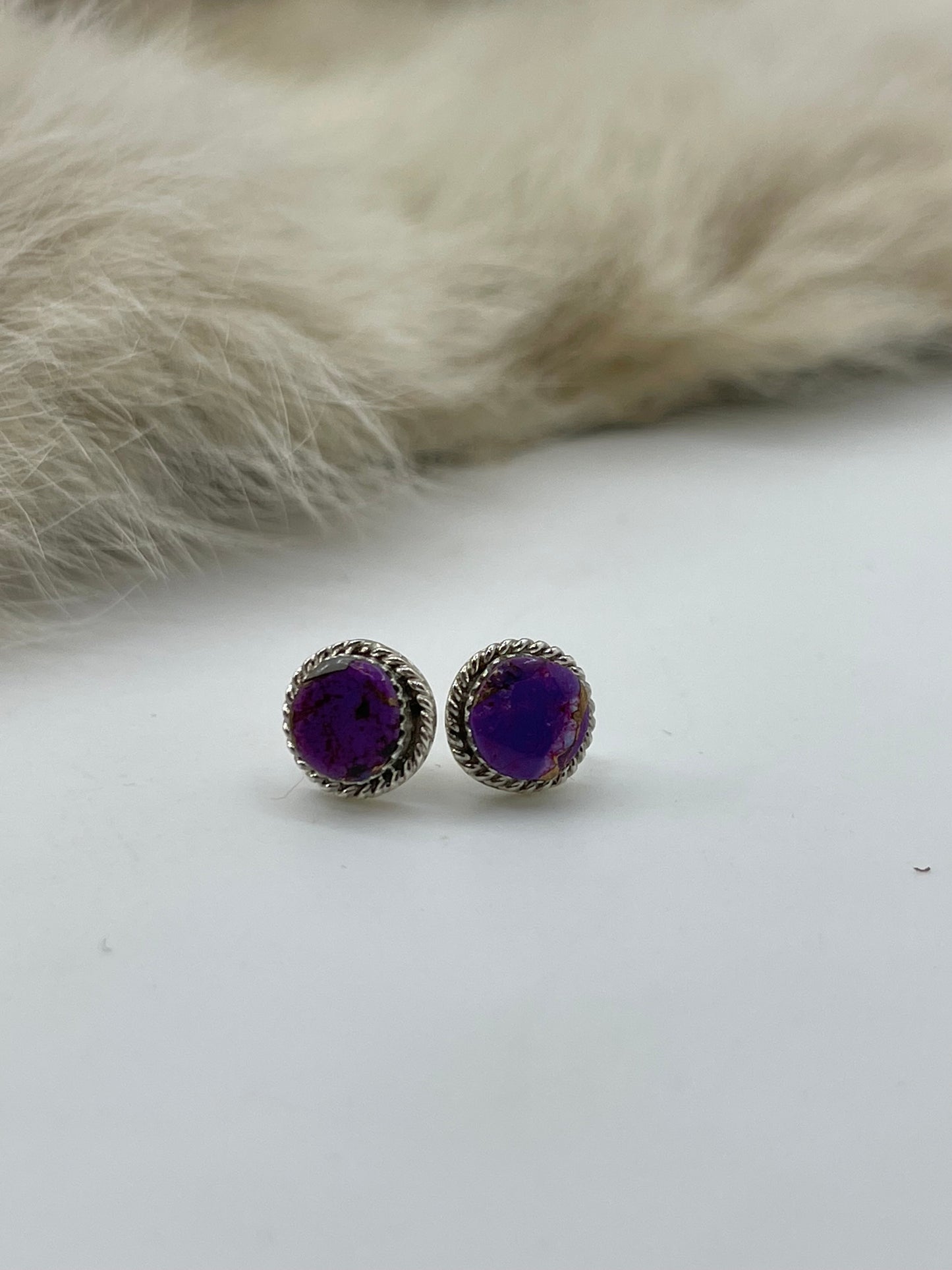 ORANGE CRUSH WITH PURPLE STUD EARRINGS BY MARCHELLE QUALO, ZUNI