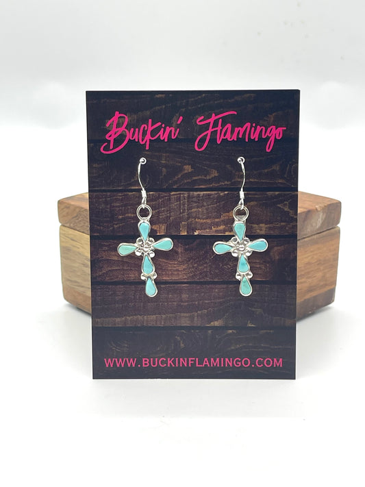 Petit Point Turquoise Cross Hook Earrings by Bryce Vacit, Zuni