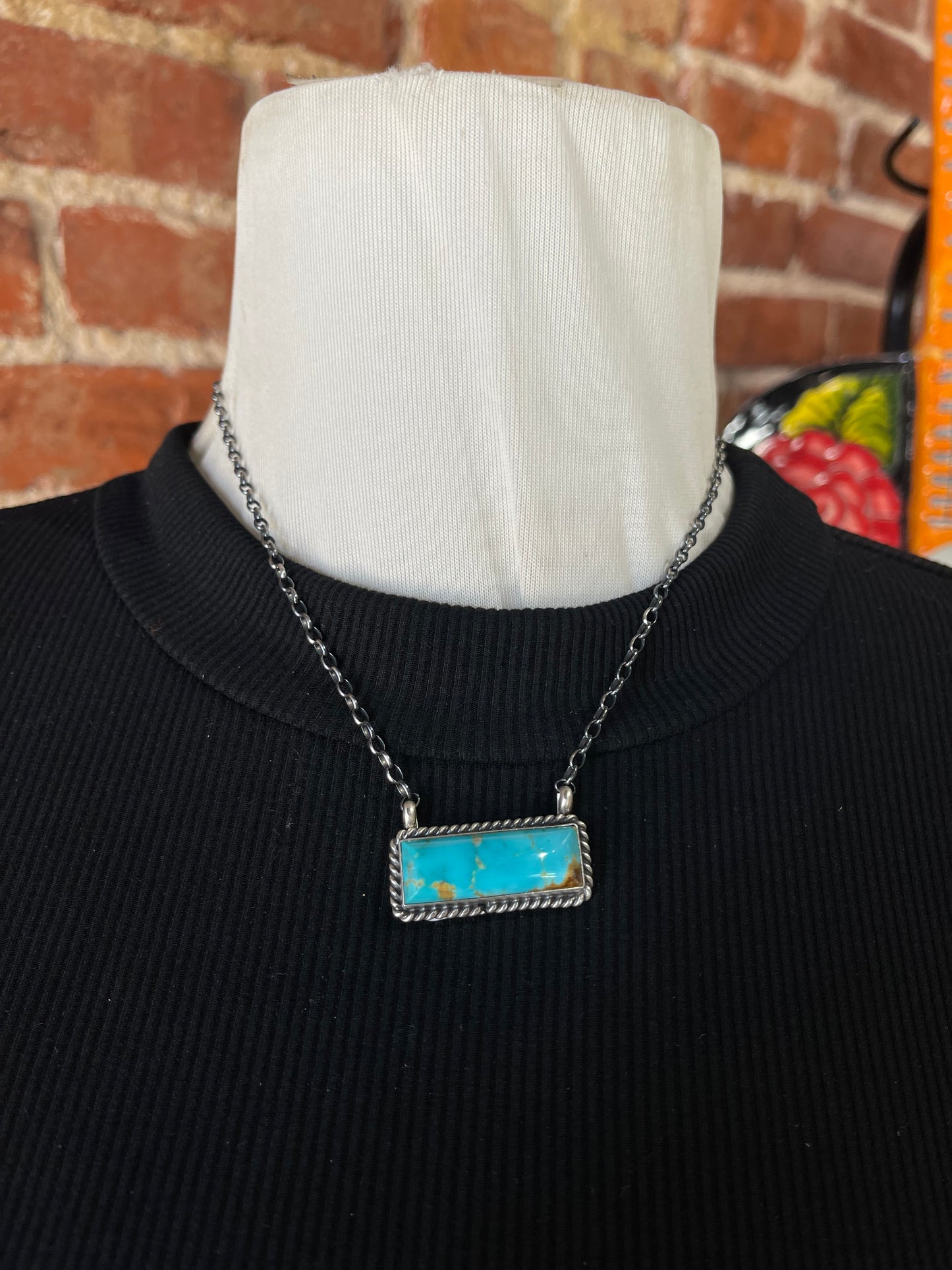 16" Blue Kingman Turquoise Bar Necklace by Johnny Dixon, Navajo