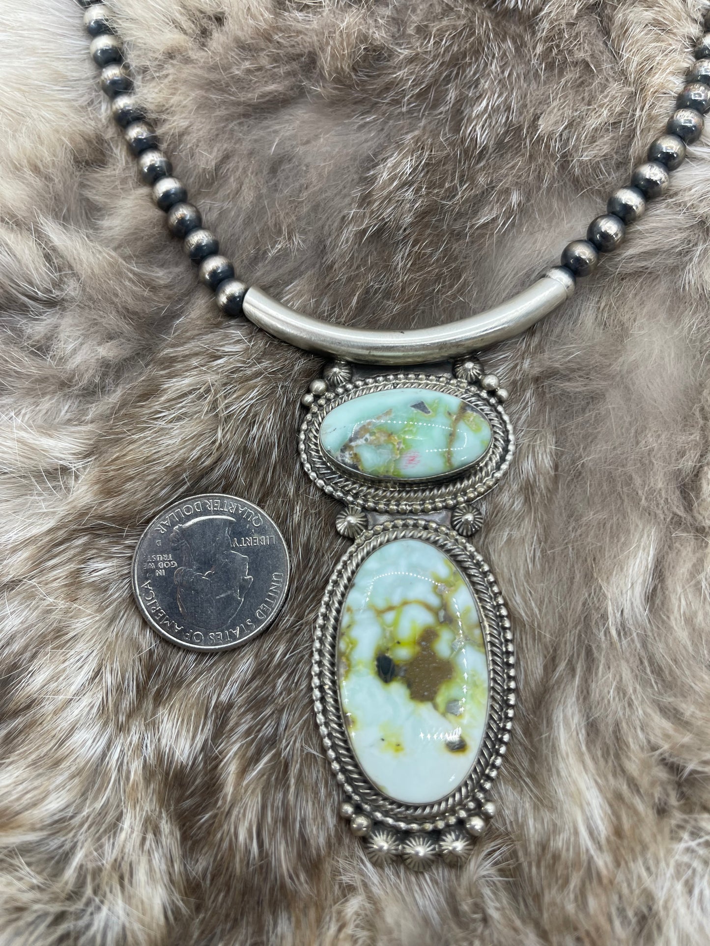 Palomino Turquoise 2 Stone Pendant on 18" 6mm Silver Pearls by Tom Lewis, Navajo