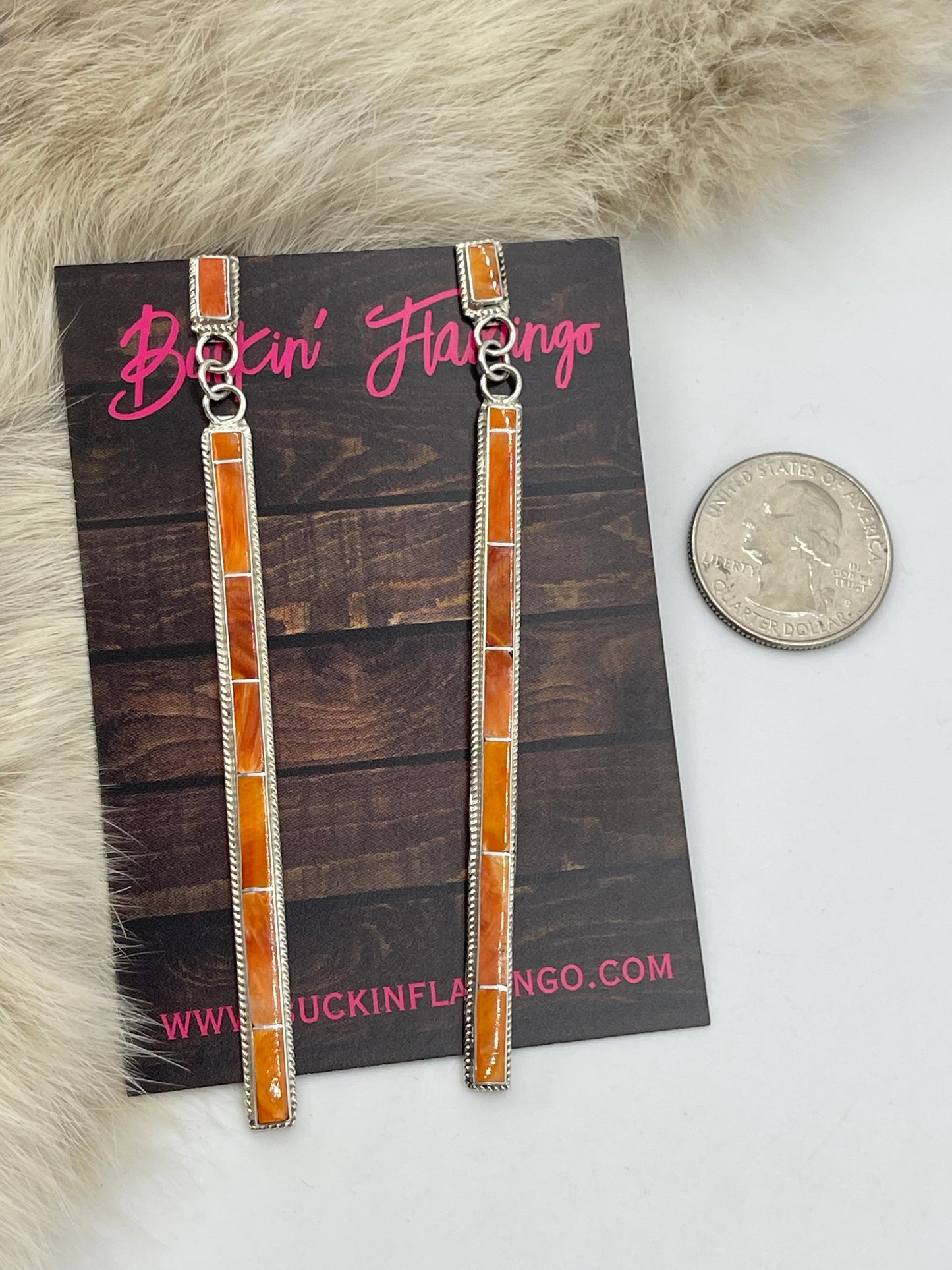 Orange Spiny Oyster Long Inlay Dangle Earrings by Kayla Concho, Zuni