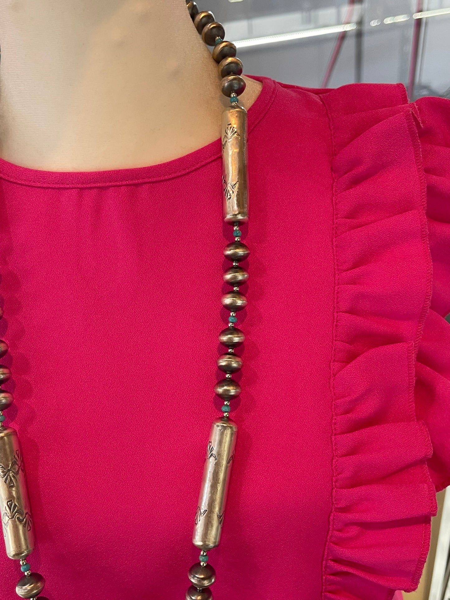 32" 13mm Handmade Navajo Pearls & Dangle Earring Set by Sharon Cooley,l Navajo