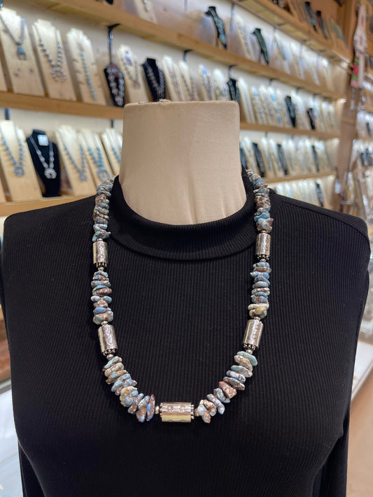 26" Natural Chunky Golden Hills Turquoise with Silver Barrel Beads