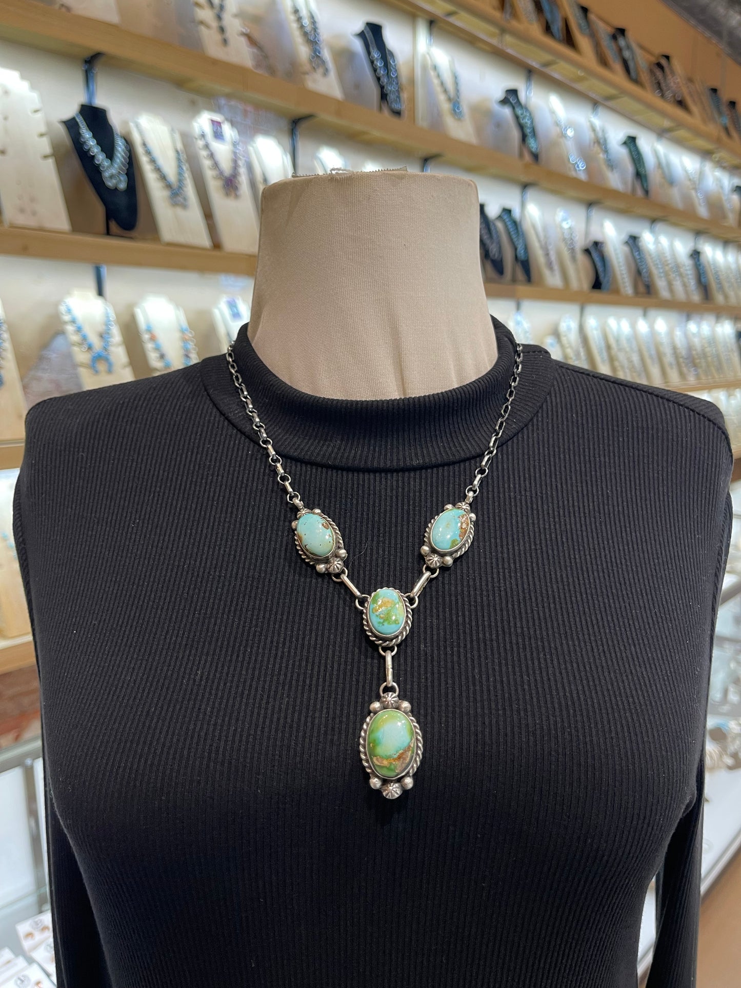 Sonoran Gold Turquoise 4 Stone Lariat 20”+3” Drop & Earring Set by Augustine Largo, Navajo