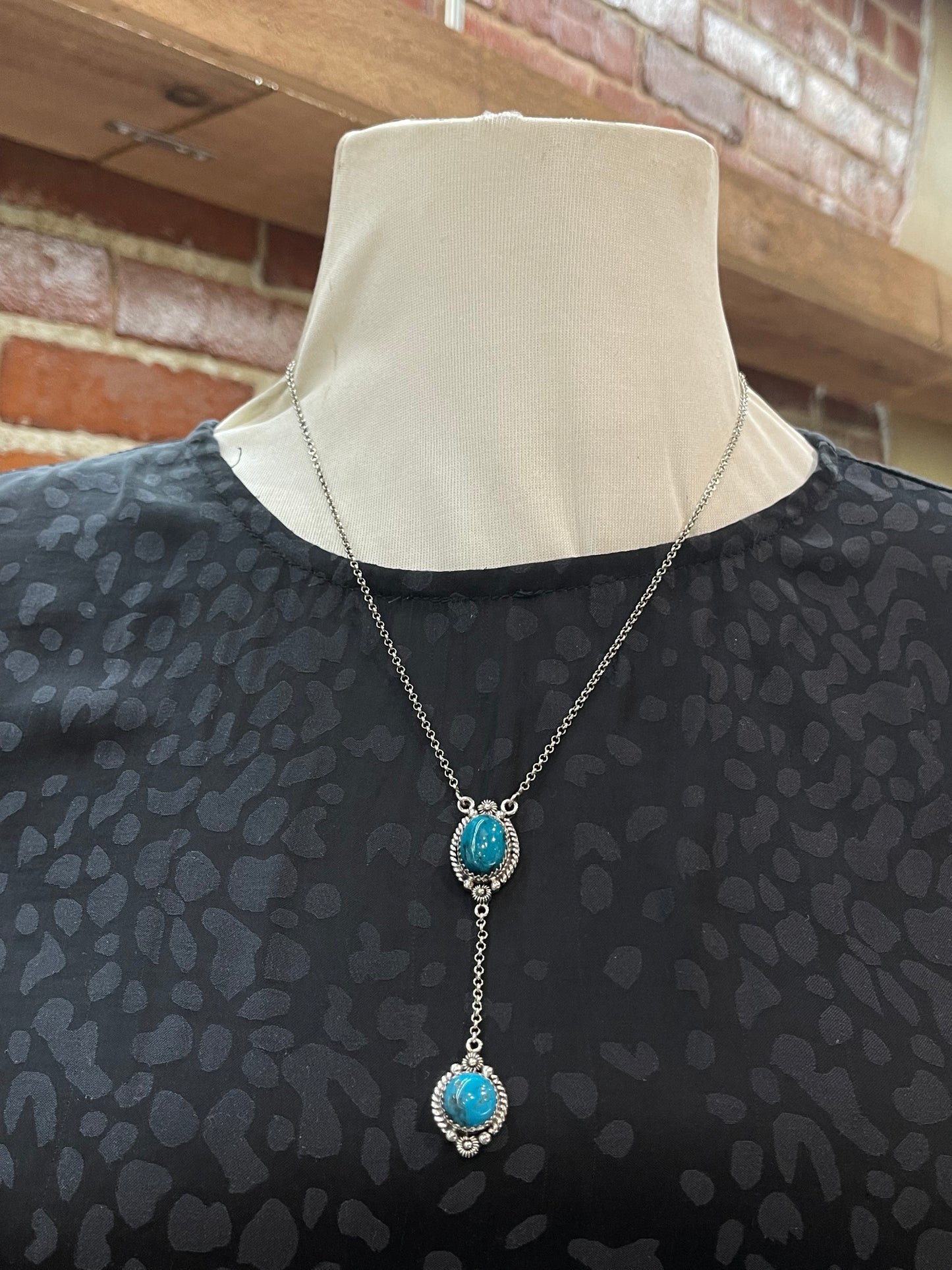 17" + 2" Two Stone Turquoise Drop Lariat Necklace by Zia