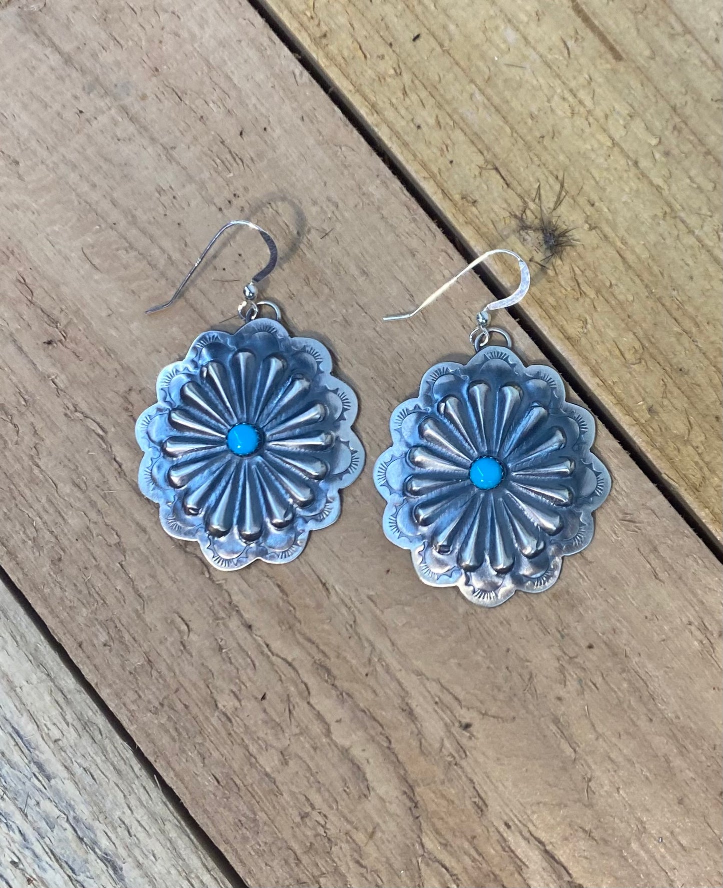 Hand Stamped Sterling Silver Concho with Sleeping Beauty Turquoise Dangle Earrings by Rita Daye