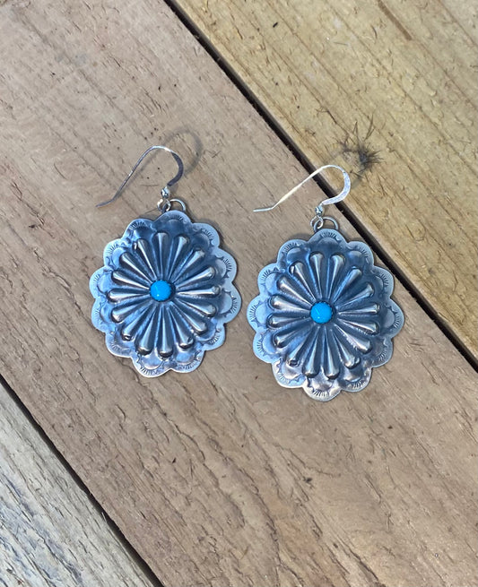 Hand Stamped Sterling Silver Concho with Sleeping Beauty Turquoise Dangle Earrings by Rita Daye