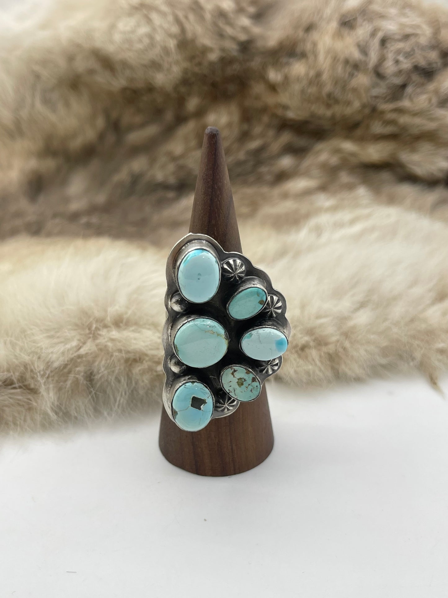 Adjustable Ring 7.0-11.0 Dry Creek Turquoise Half Cluster by Gabby Jurado, Mexican