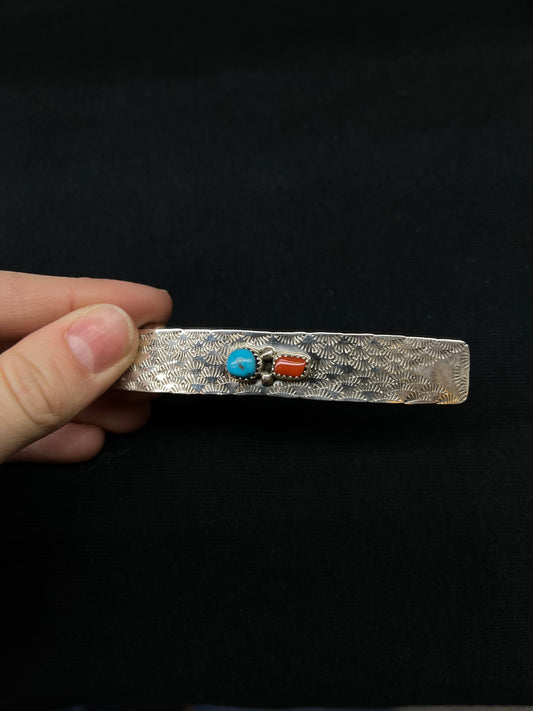 Turquoise and Red Coral Hair Clip by Sally Arviso, Navajo