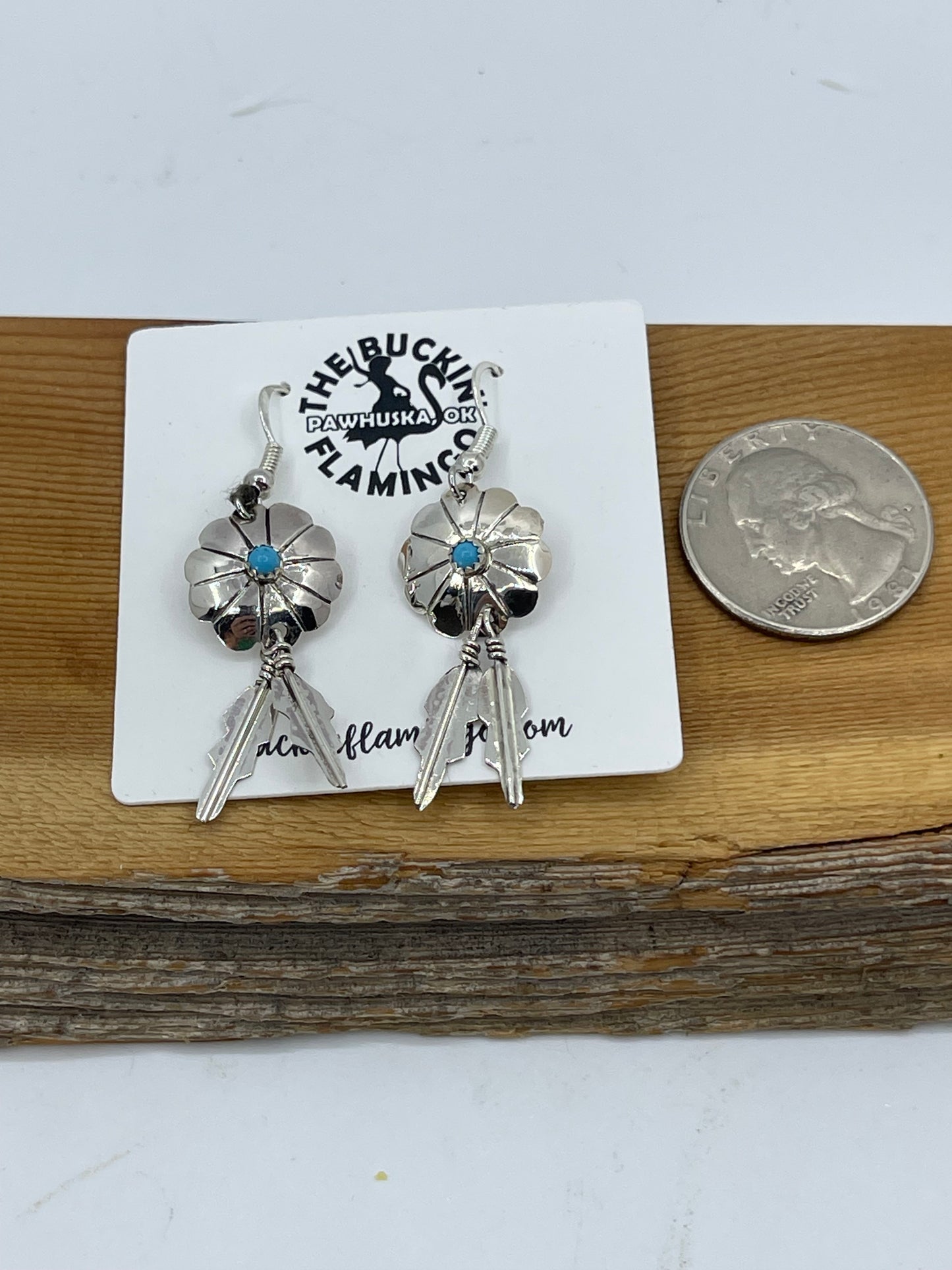 Dangle Concho Feather Earrings with Turquoise Stone by Cornelia Yazhe, Navajo