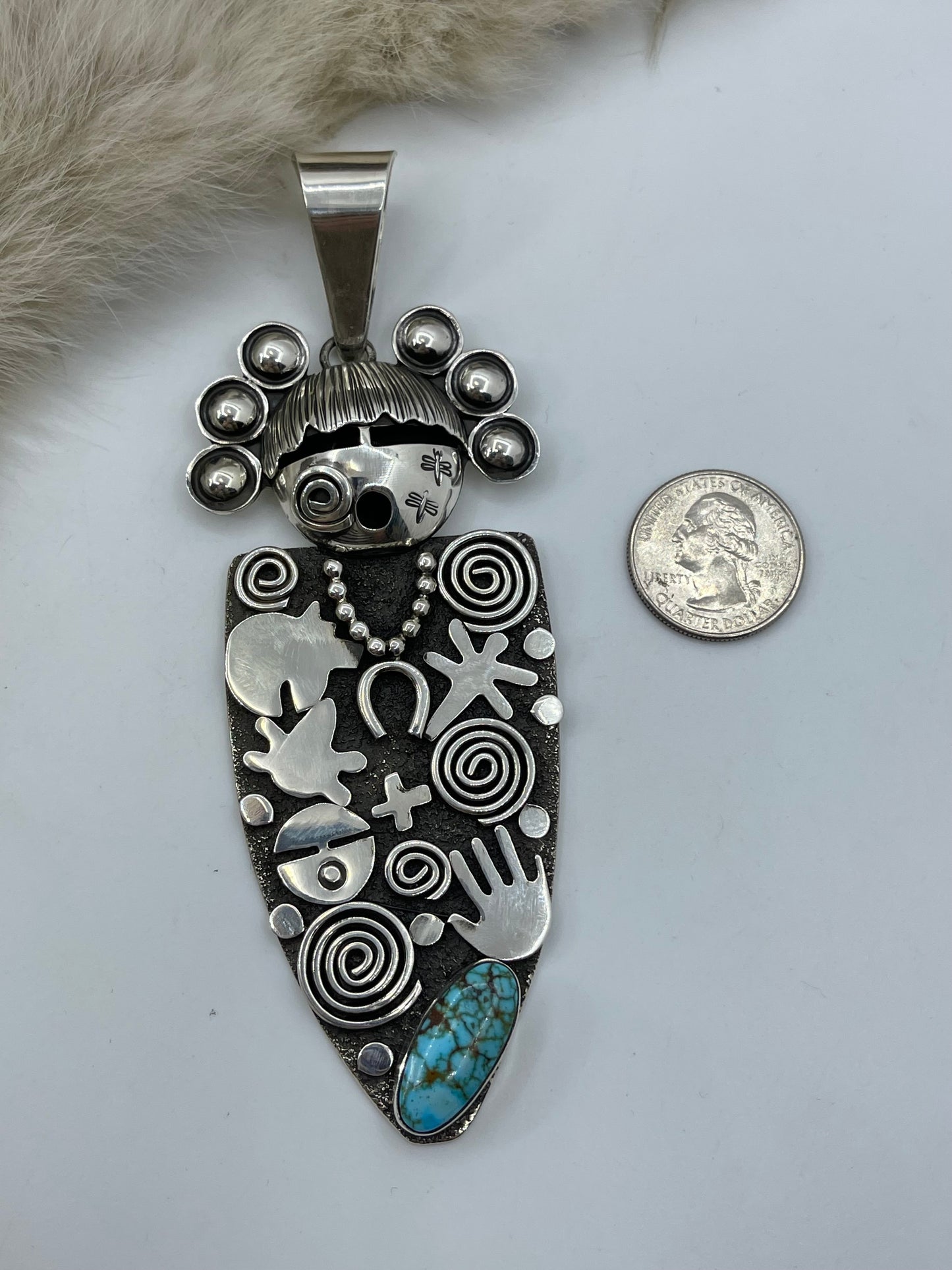 Maiden Face Petroglyph Pendant with Kingman Turquoise by Alex Sanchez, Navajo