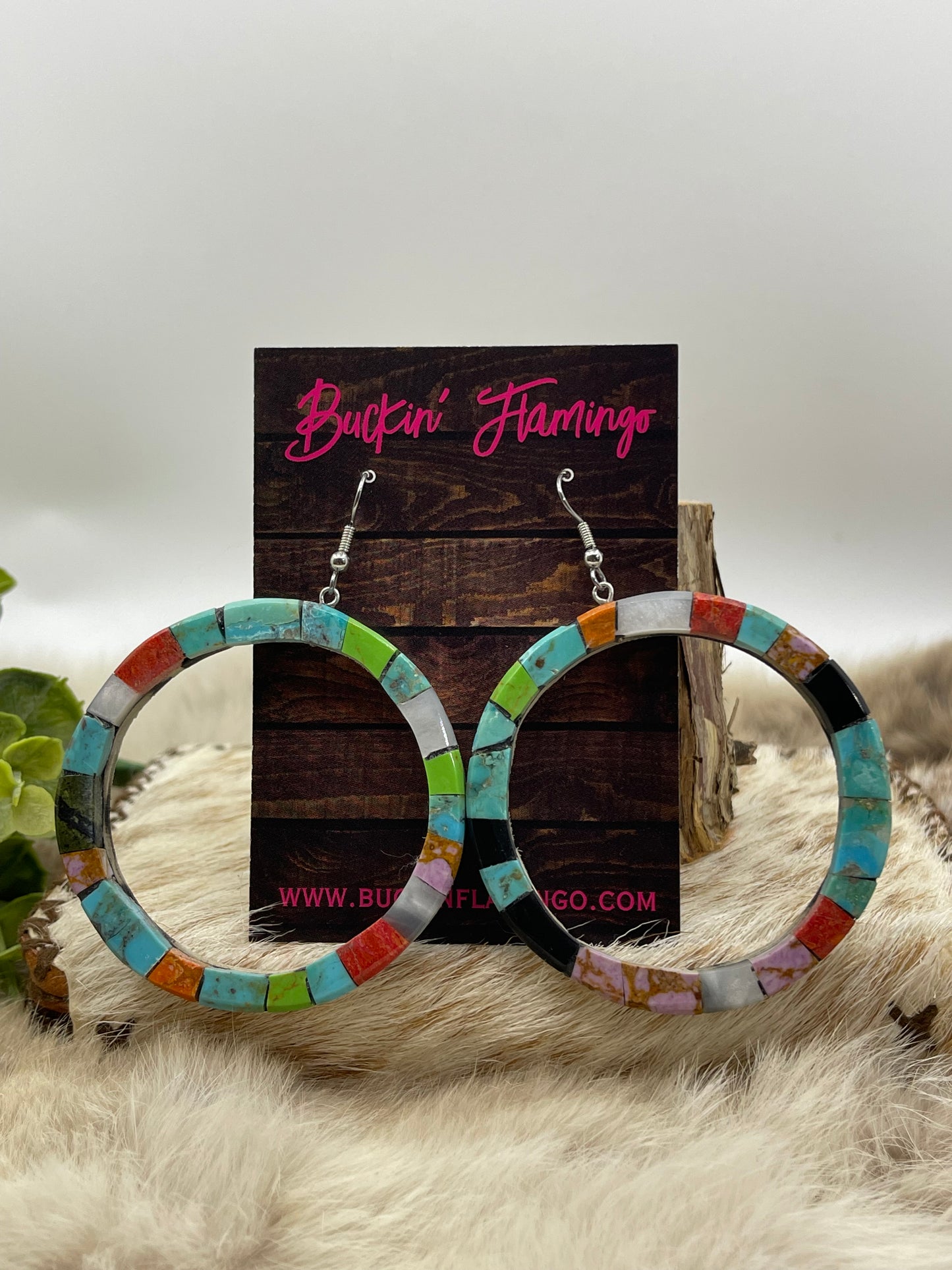 Multi Stone Inlay Hoop Earrings by Jolene Bird, Santo Domingo